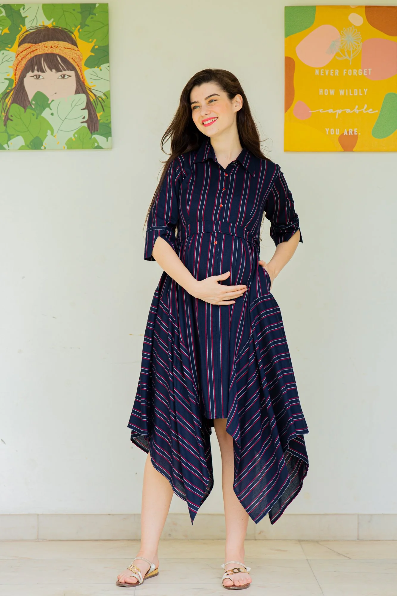 Asymmetrical Stripes Maternity & Nursing Dress - Chenance