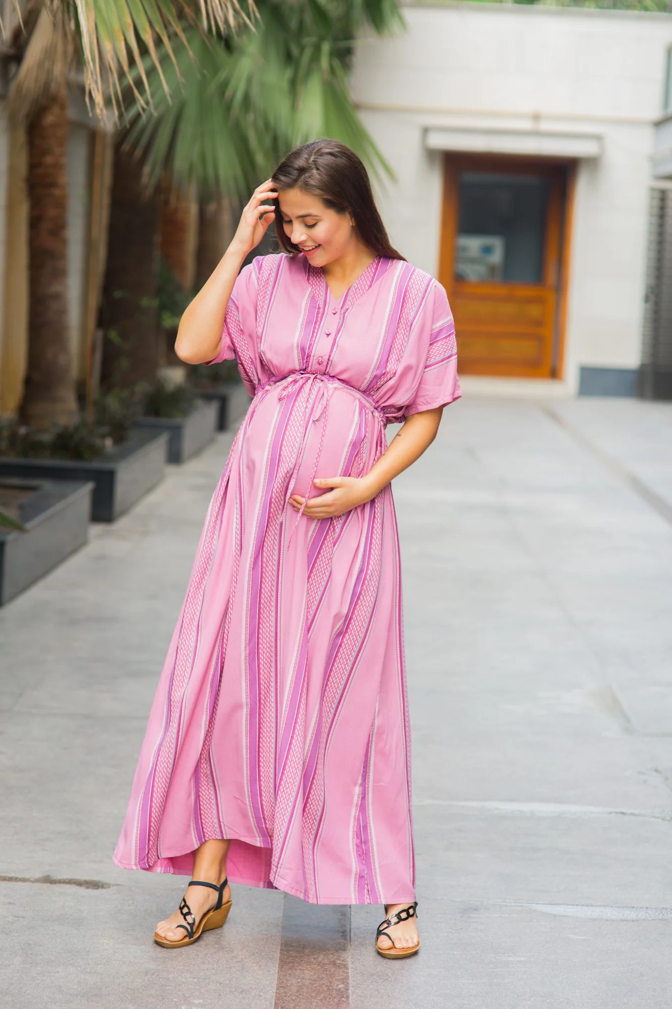Set of 2 - Kimono Carnation Stripe Delivery Gown + Matching Baby Swaddle - Chenance