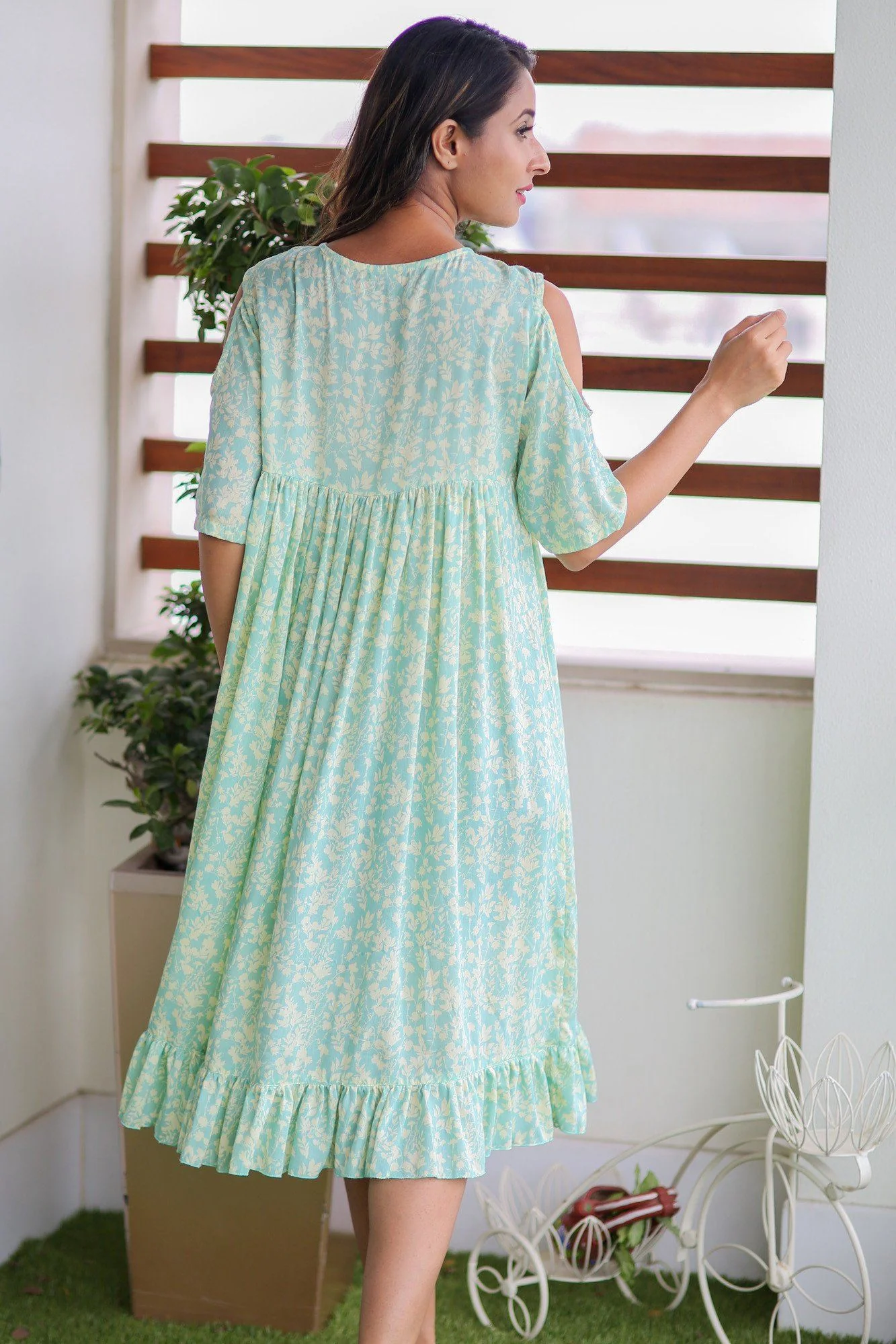 Mint Green Cold Shoulder Frill Maternity Dress - Chenance