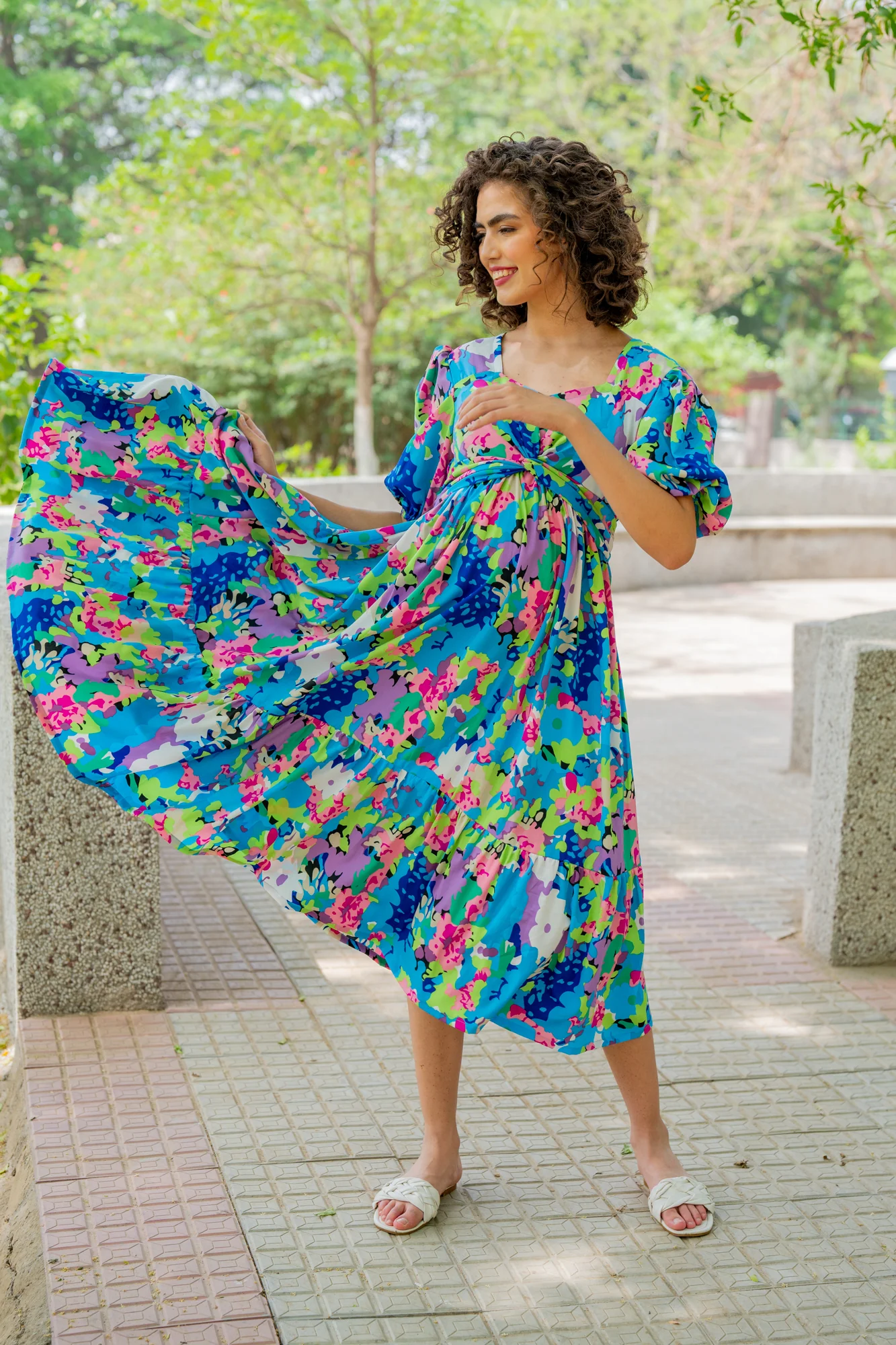 Charming Blue Blossom Maternity Knot Dress - Chenance