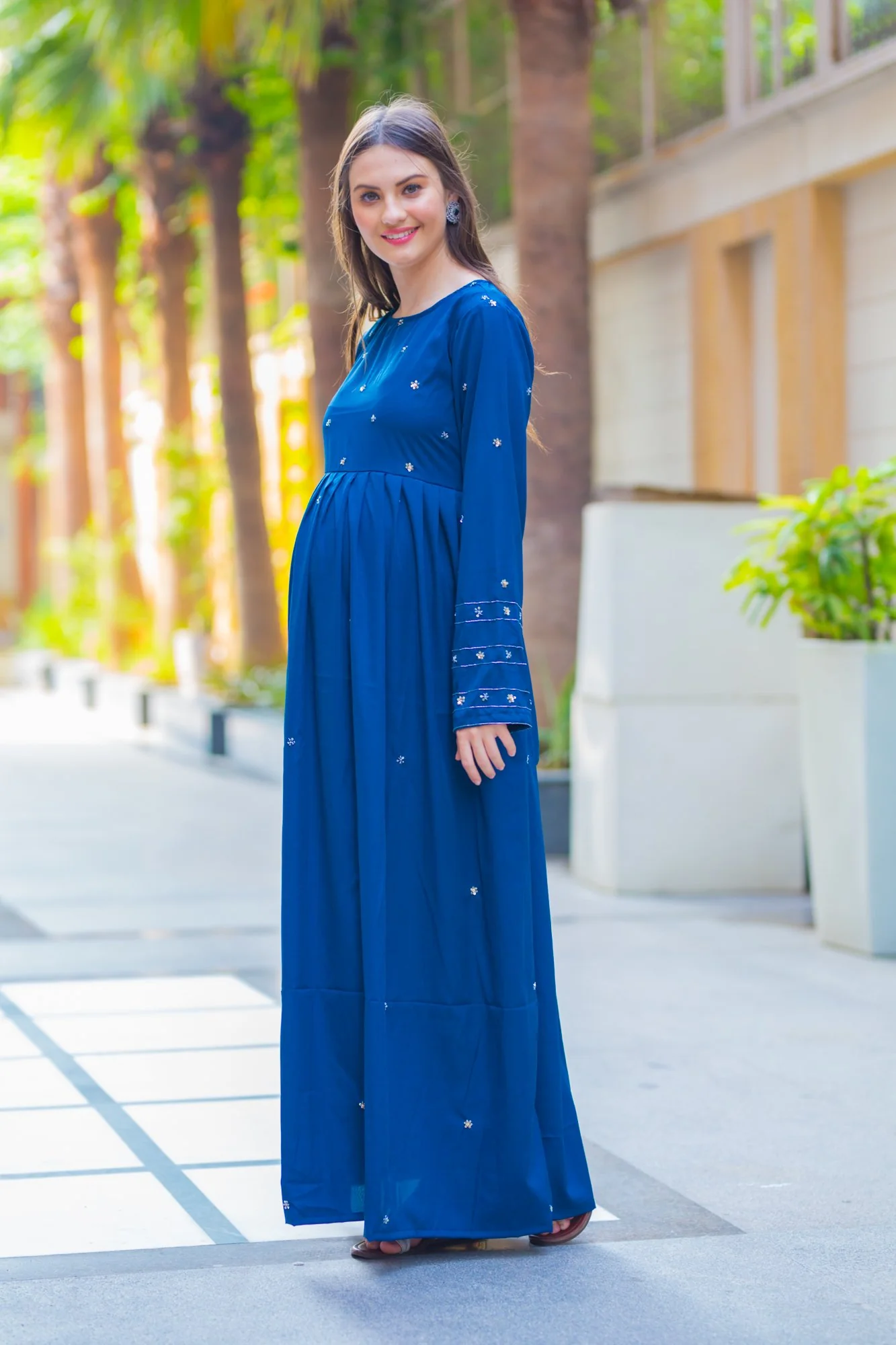Premium Cobalt Blue Hand Embroidered  Maternity Dress - Chenance