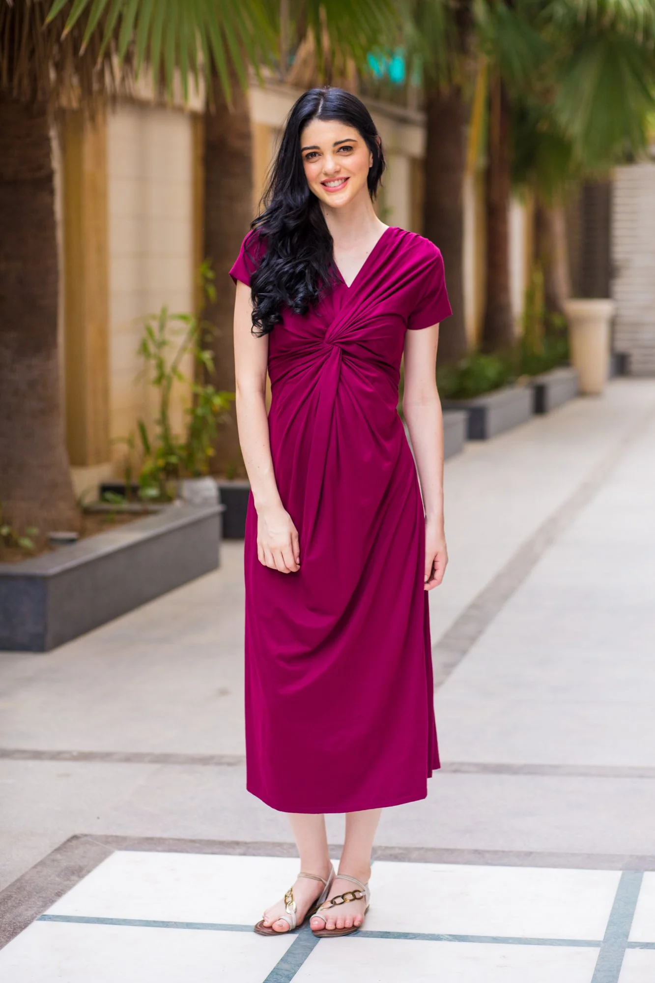 Maroon Berry Front Knot Lycra Maternity Dress - Chenance