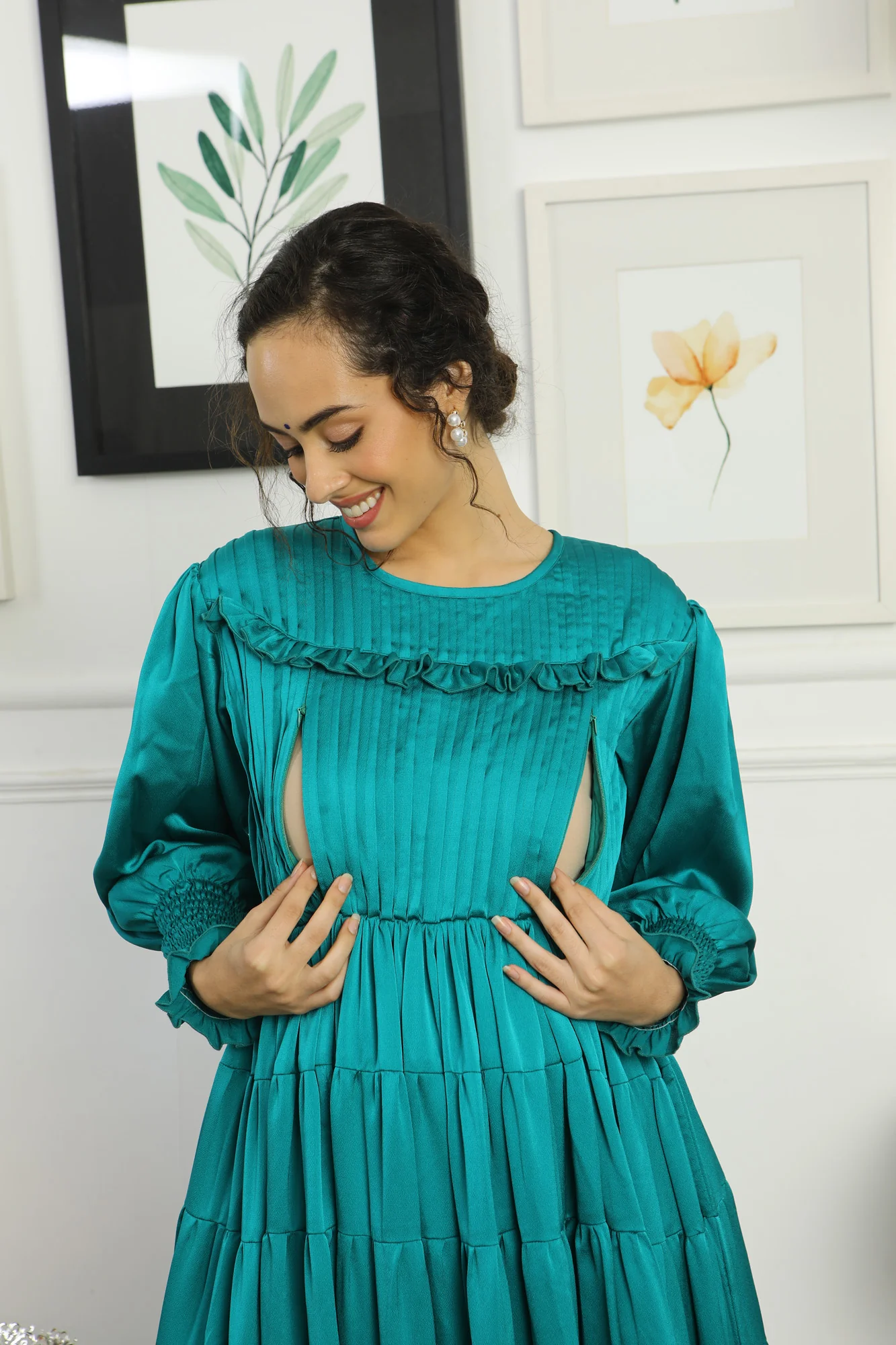 Premium Satin Emerald Green Formal Maternity & Nursing Pintucks Frill Dress - Chenance
