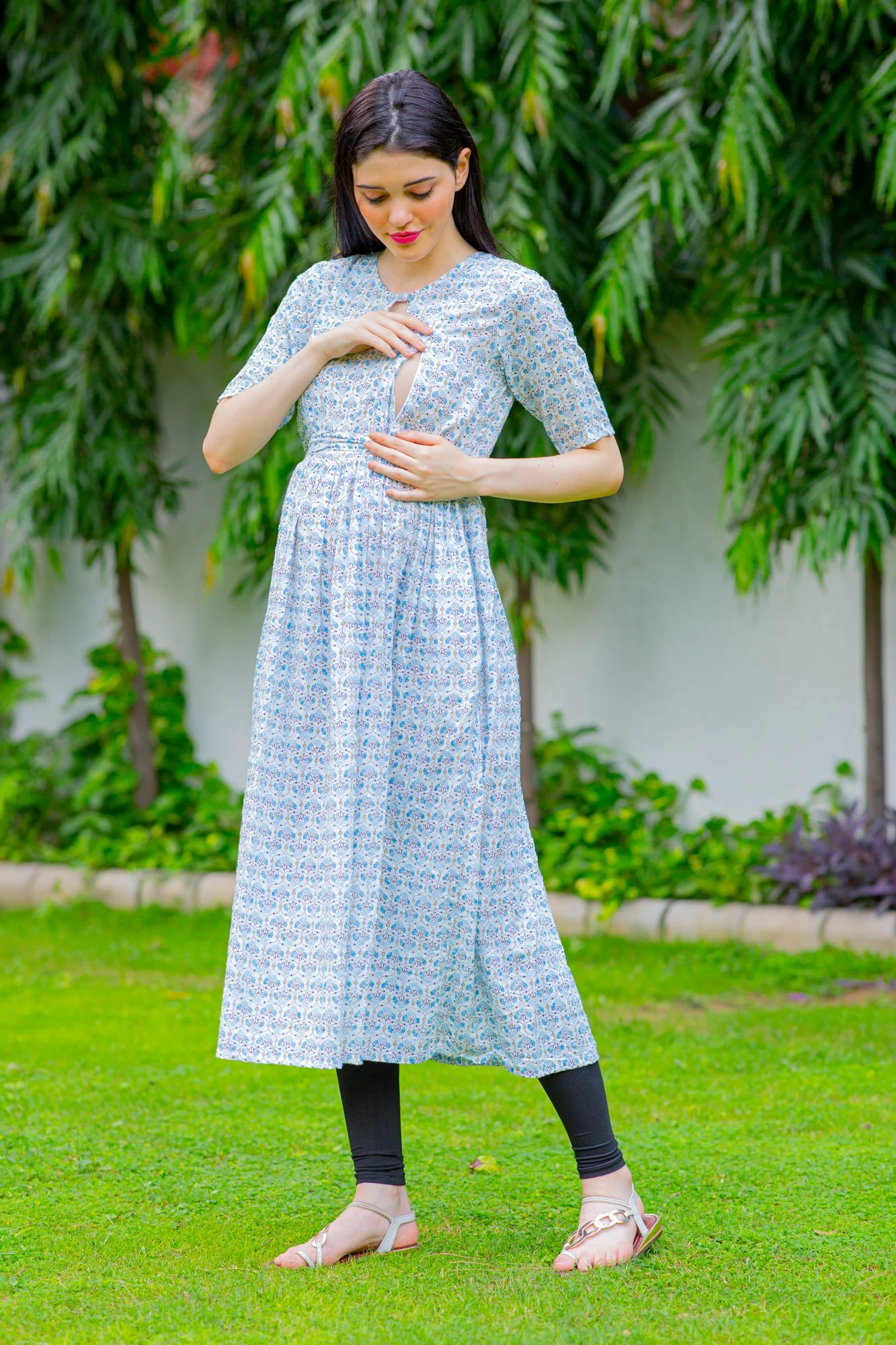 Chandelier White Concealed Zips Maternity & Nursing Kurta Dress - Chenance