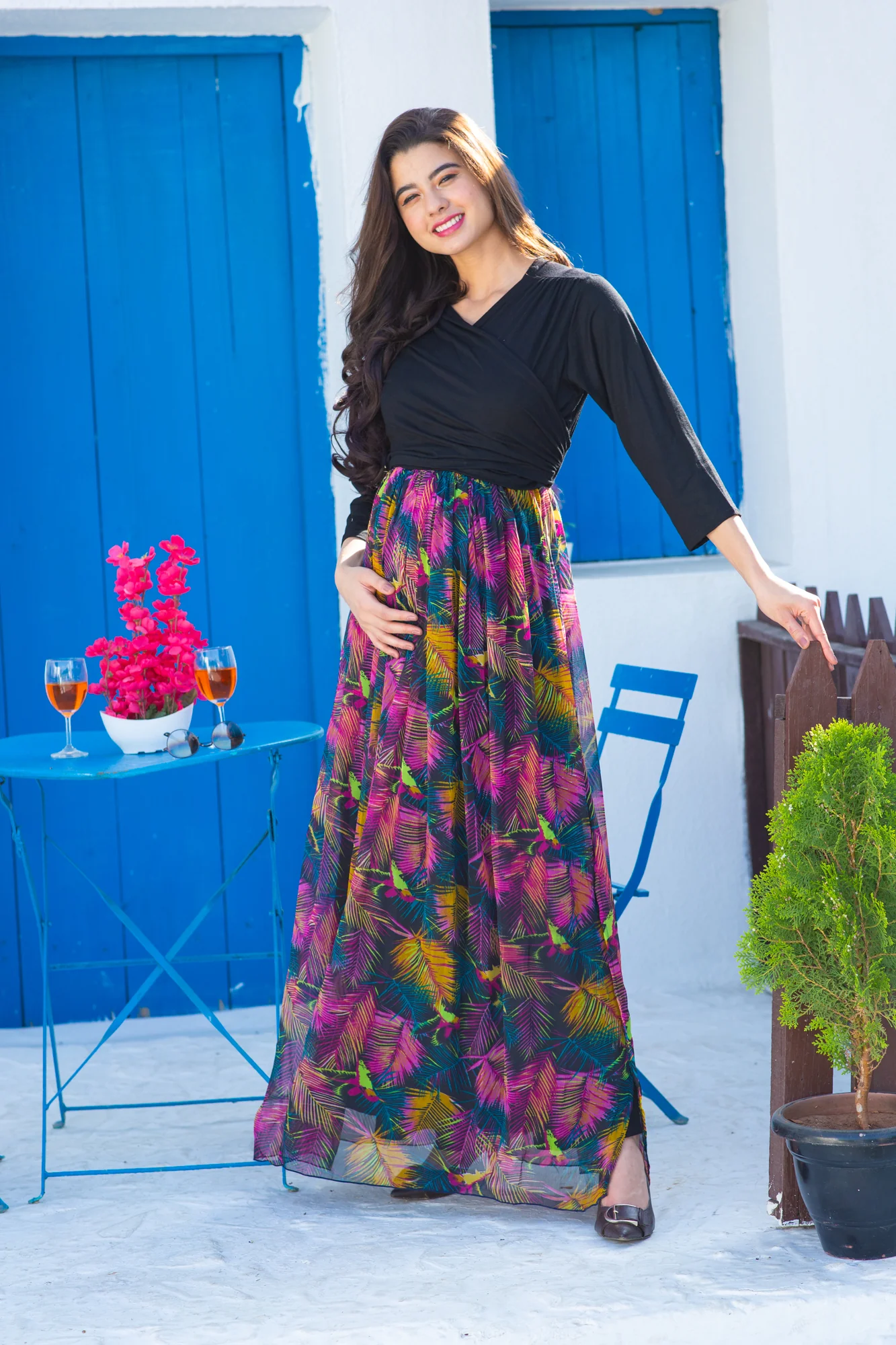 Tropical Noir Luxe Chiffon Maternity & Nursing Wrap Dress - Chenance