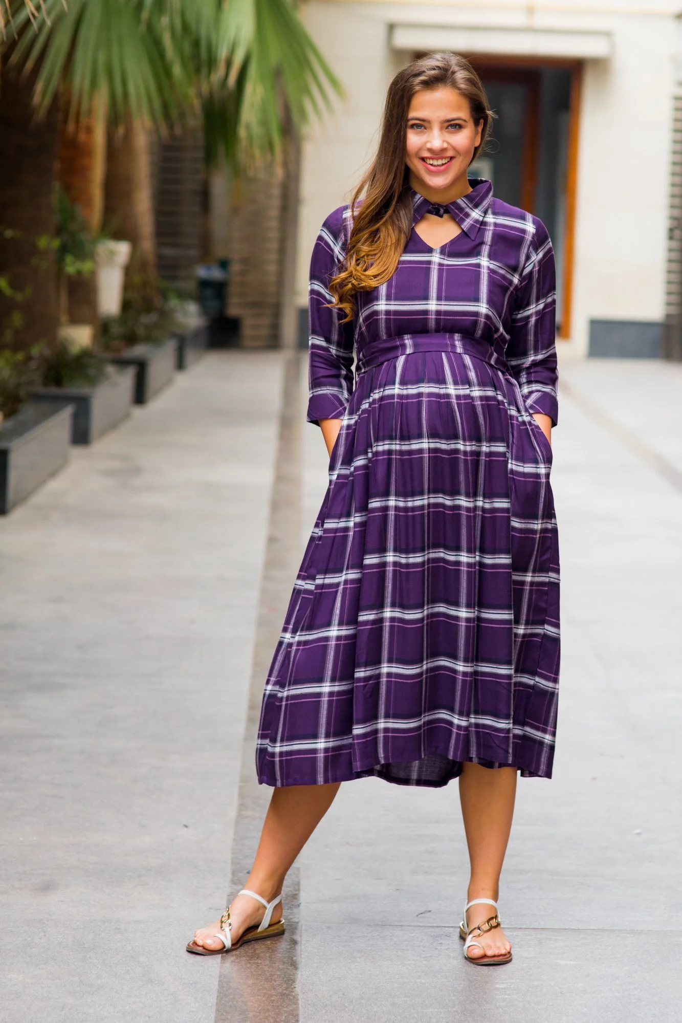 Slick Violet Plaid Maternity & Nursing Button Dress - Chenance