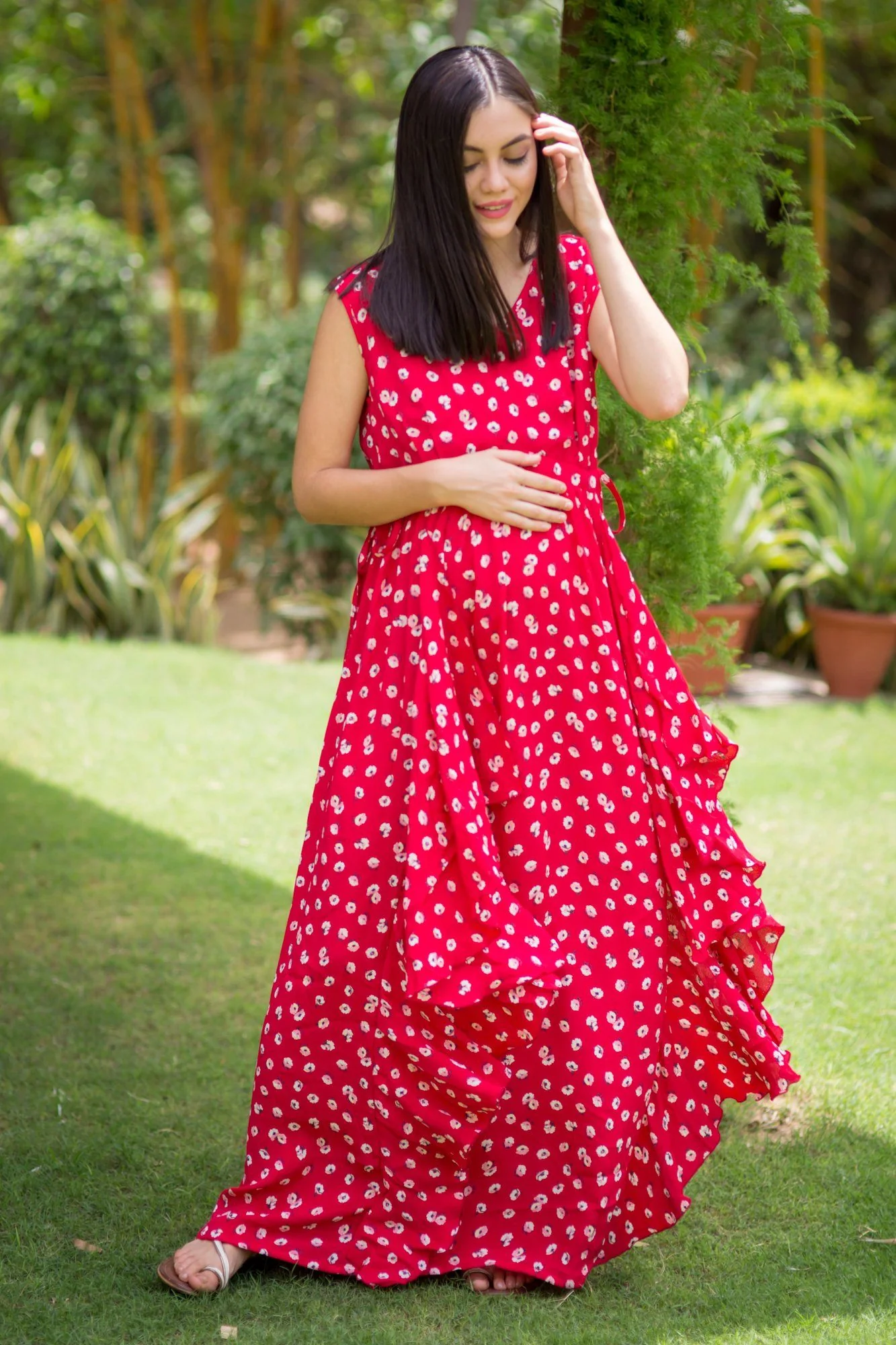 Luxe Cherry Red Floral Maternity Dress - Chenance