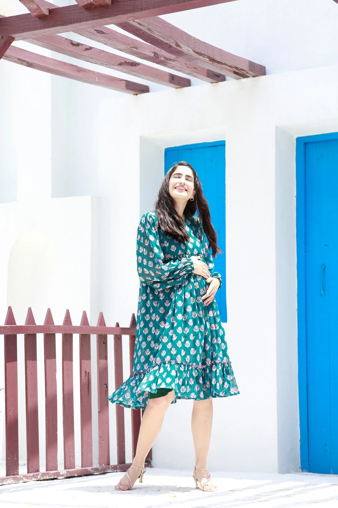 Breezy Emerald Floral Maternity Knee Frill Dress - Chenance