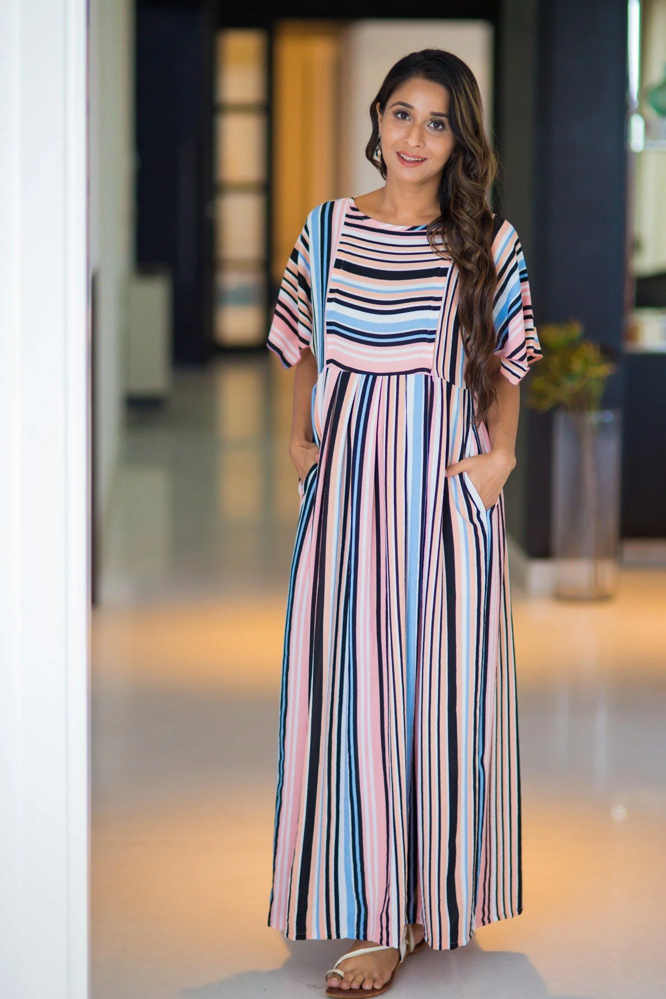 Peaches & Cream Stripe Maternity & Nursing Maxi - Chenance