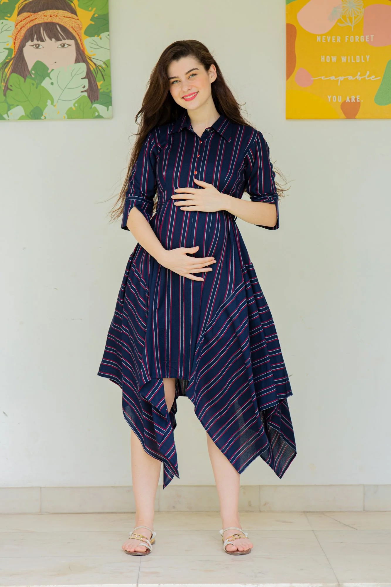Asymmetrical Stripes Maternity & Nursing Dress - Chenance