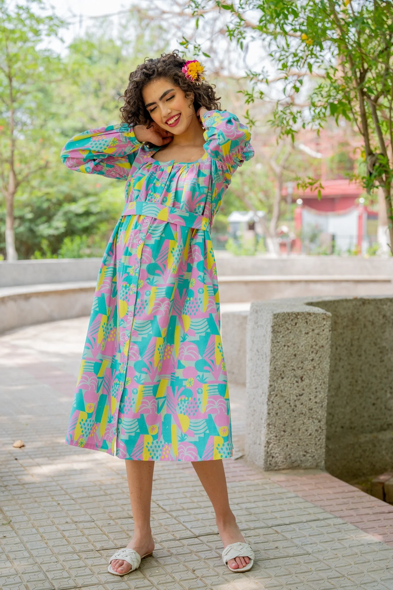 Dusty Blue Yellow Abstract Maternity & Nursing Dress (100% Cotton) - Chenance