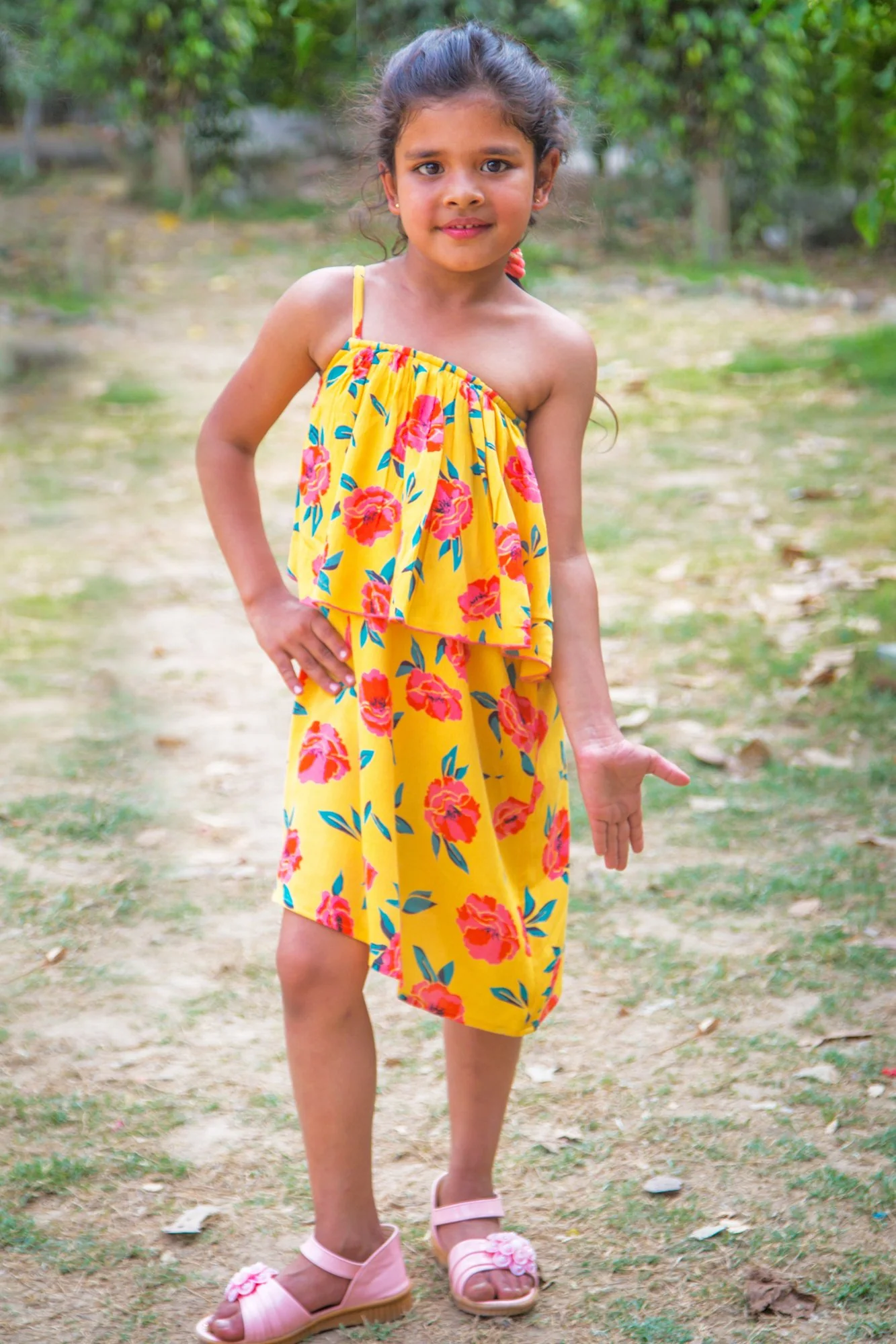 One Shoulder Marigold Floral Dress (1 year to 8 years) - Chenance