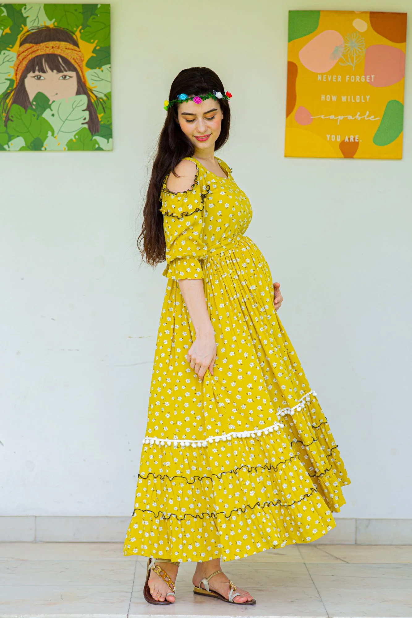 Chic Boho Mustard Frill Maternity & Nursing Maxi - Chenance