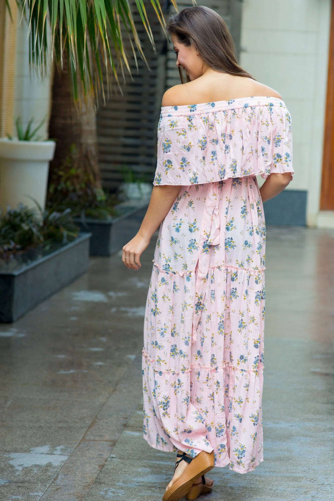 Pastel Rose Peach Off-Shoulder Maternity Maxi - Chenance