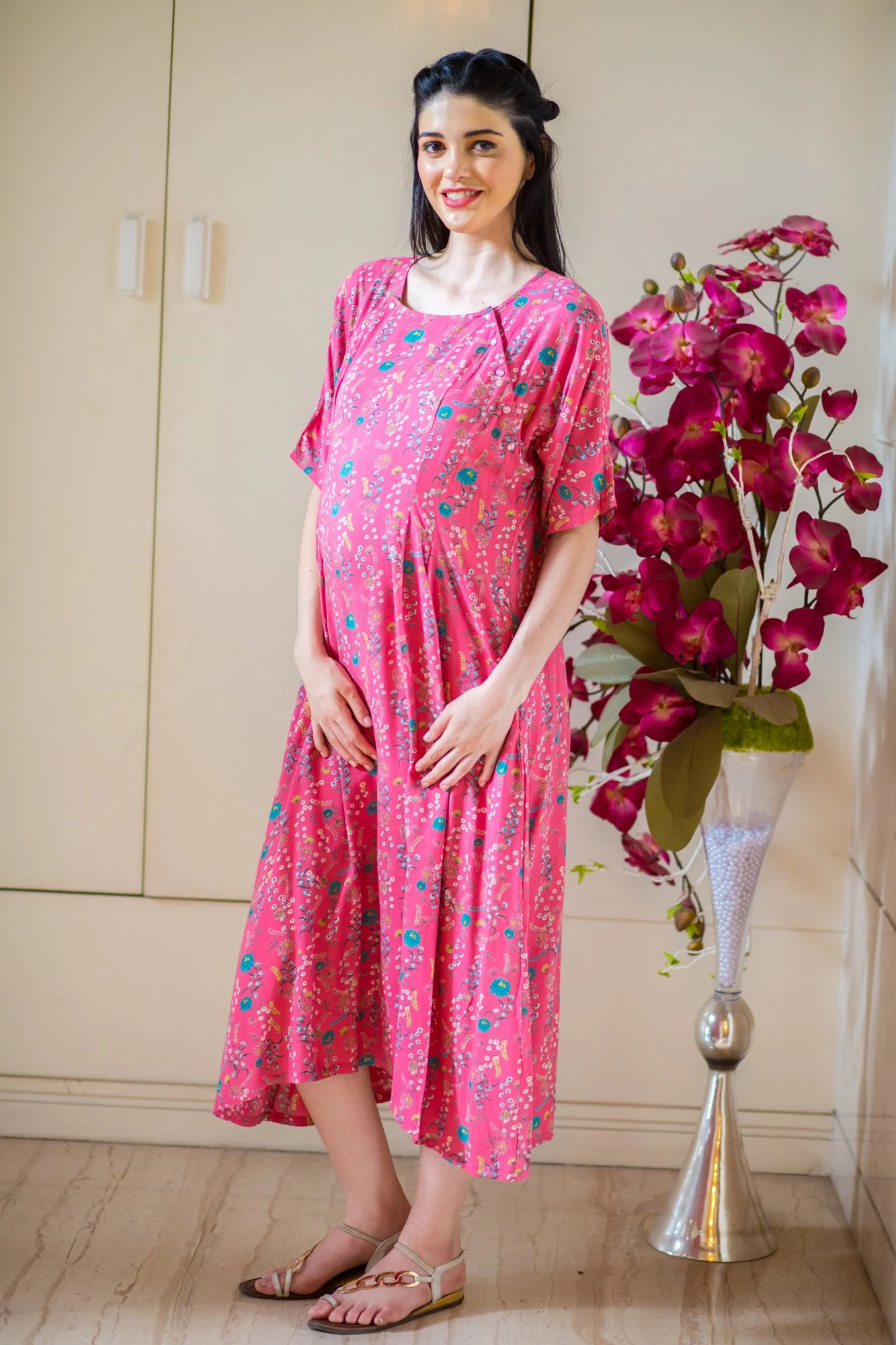 Pretty In Peach Shoulder Snap Maternity & Nursing Dress / Delivery Gown/ Night Dress + Swaddle - Chenance