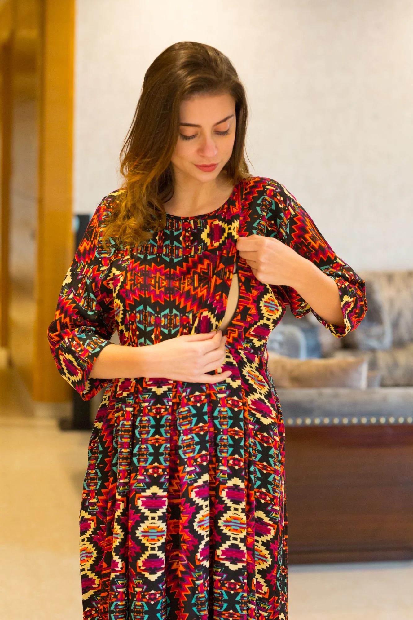 Sunshine Aztec Concealed Zip Maternity & Nursing Maxi - Chenance