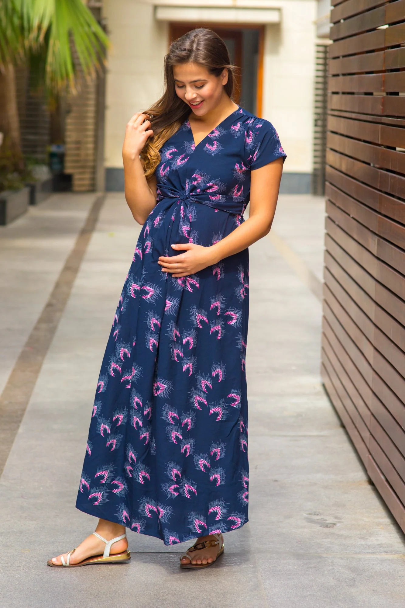 Navy Feather Maternity Knot Dress - Chenance