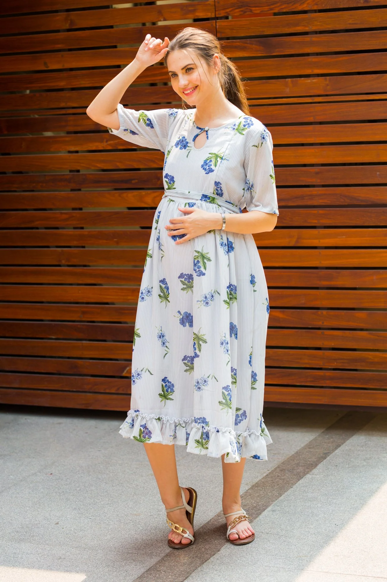 Rose Striped Concealed Zips Nursing Dress - Chenance