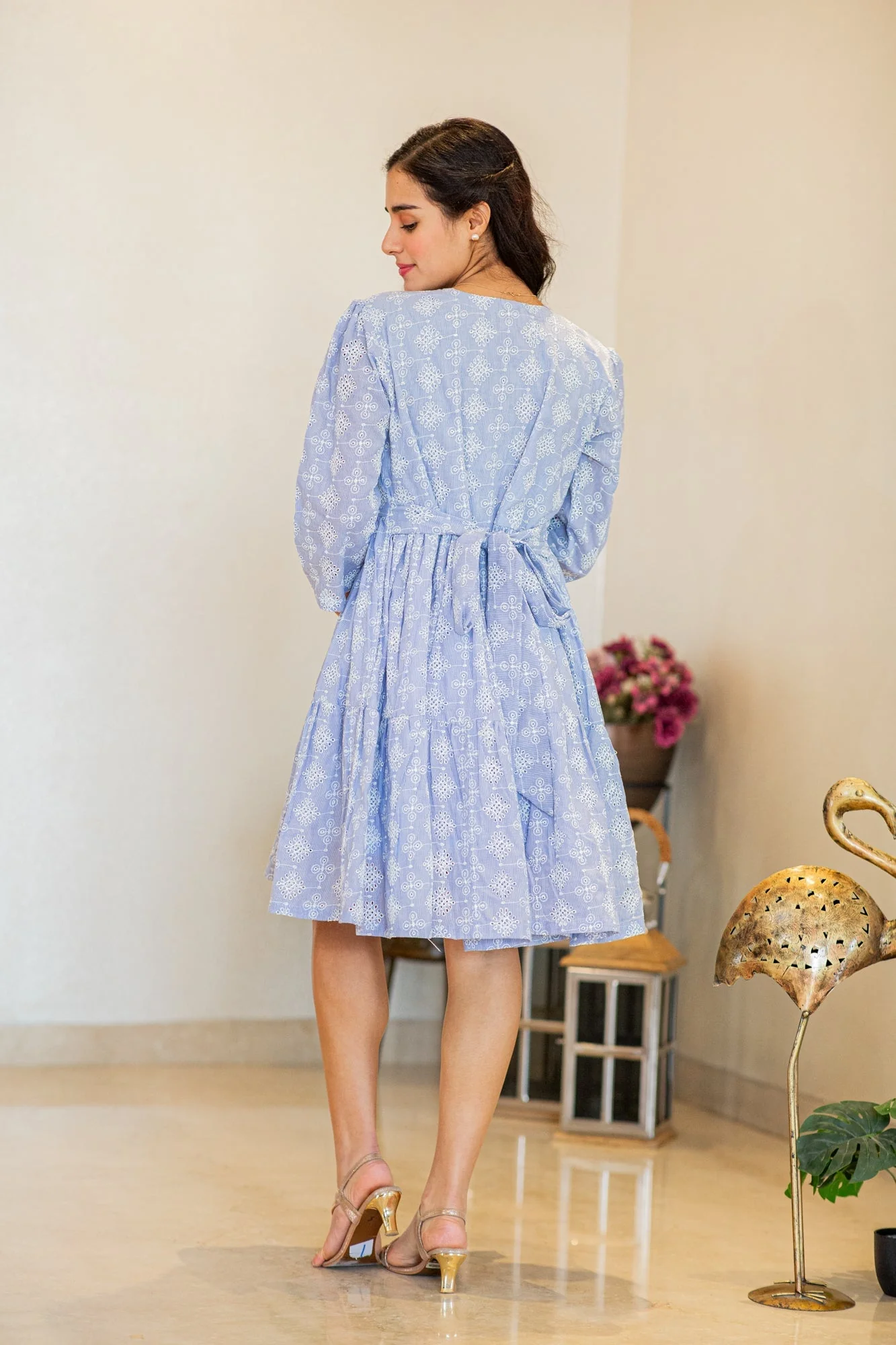 Charming Ice Blue Maternity & Nursing Flair Dress (100% Cotton) - Chenance