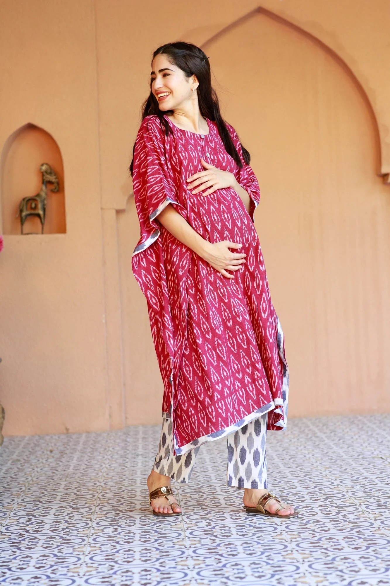Rouge Ikat Maternity & Nursing Kaftan Set (100% Cotton) - Chenance