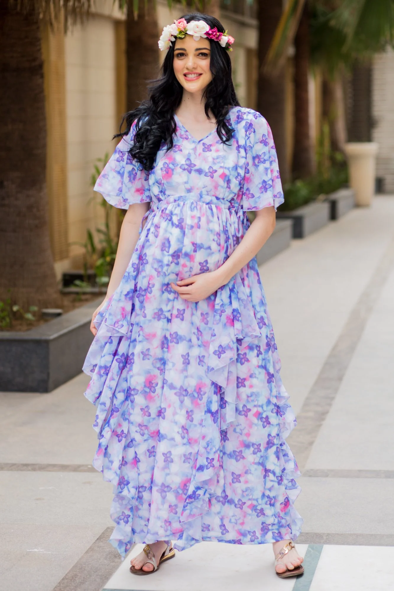 Purple Pink Butterfly Cascading Maternity Flow Dress - Chenance