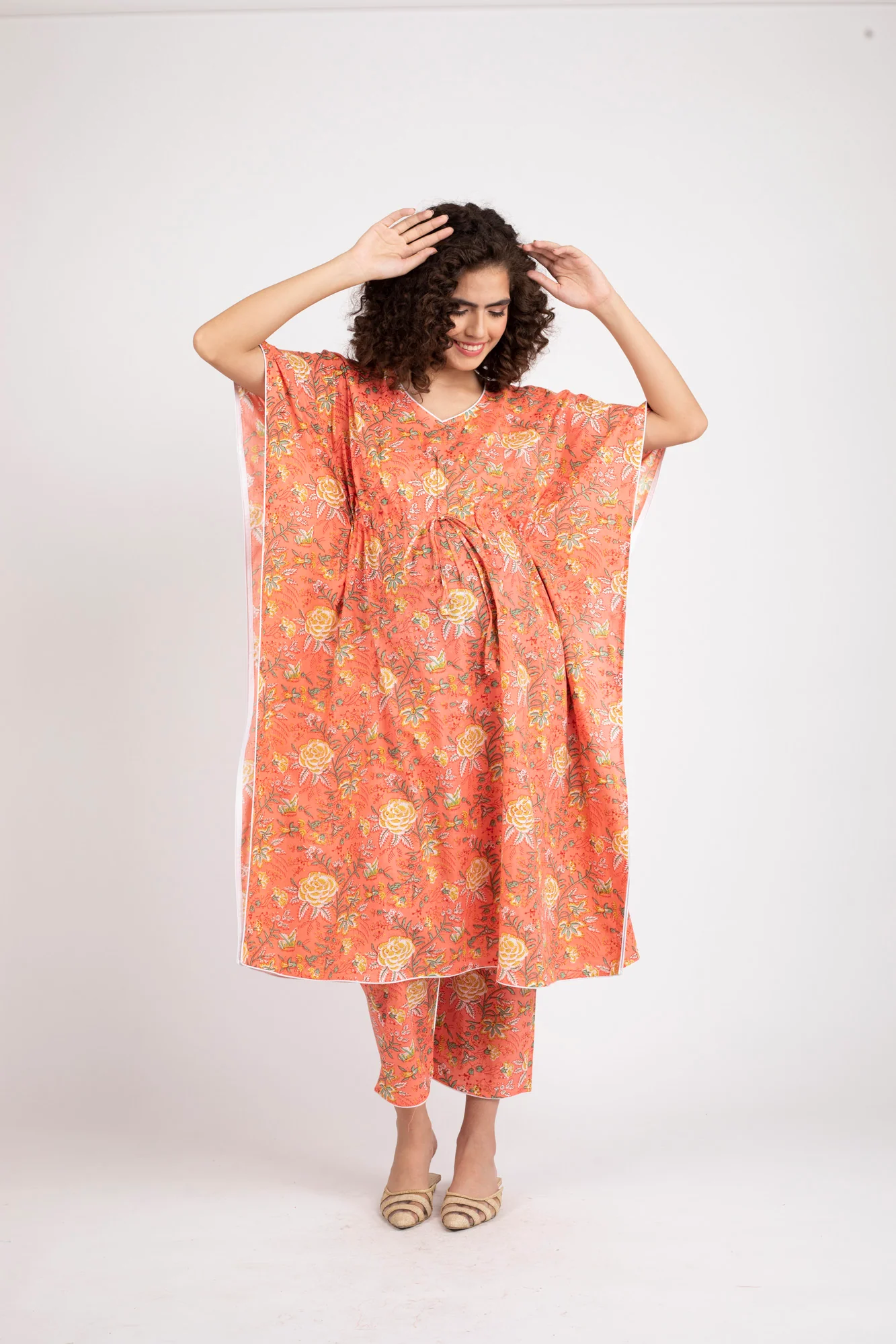 Luxe Tangerine Red Maternity Lounge Kaftan Set (2 pc) (100% Cotton) - Chenance