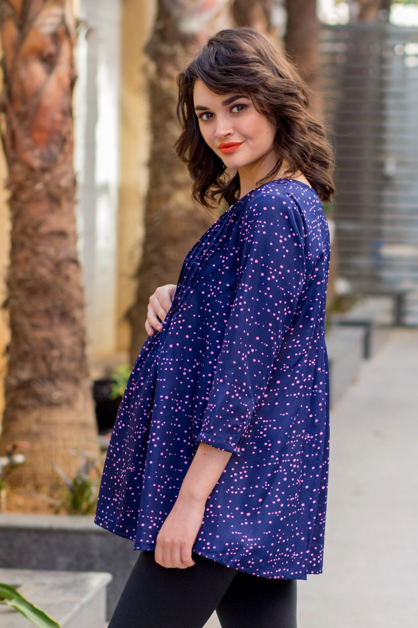Scattered Polka Print Pintucks Maternity & Nursing Top - Chenance