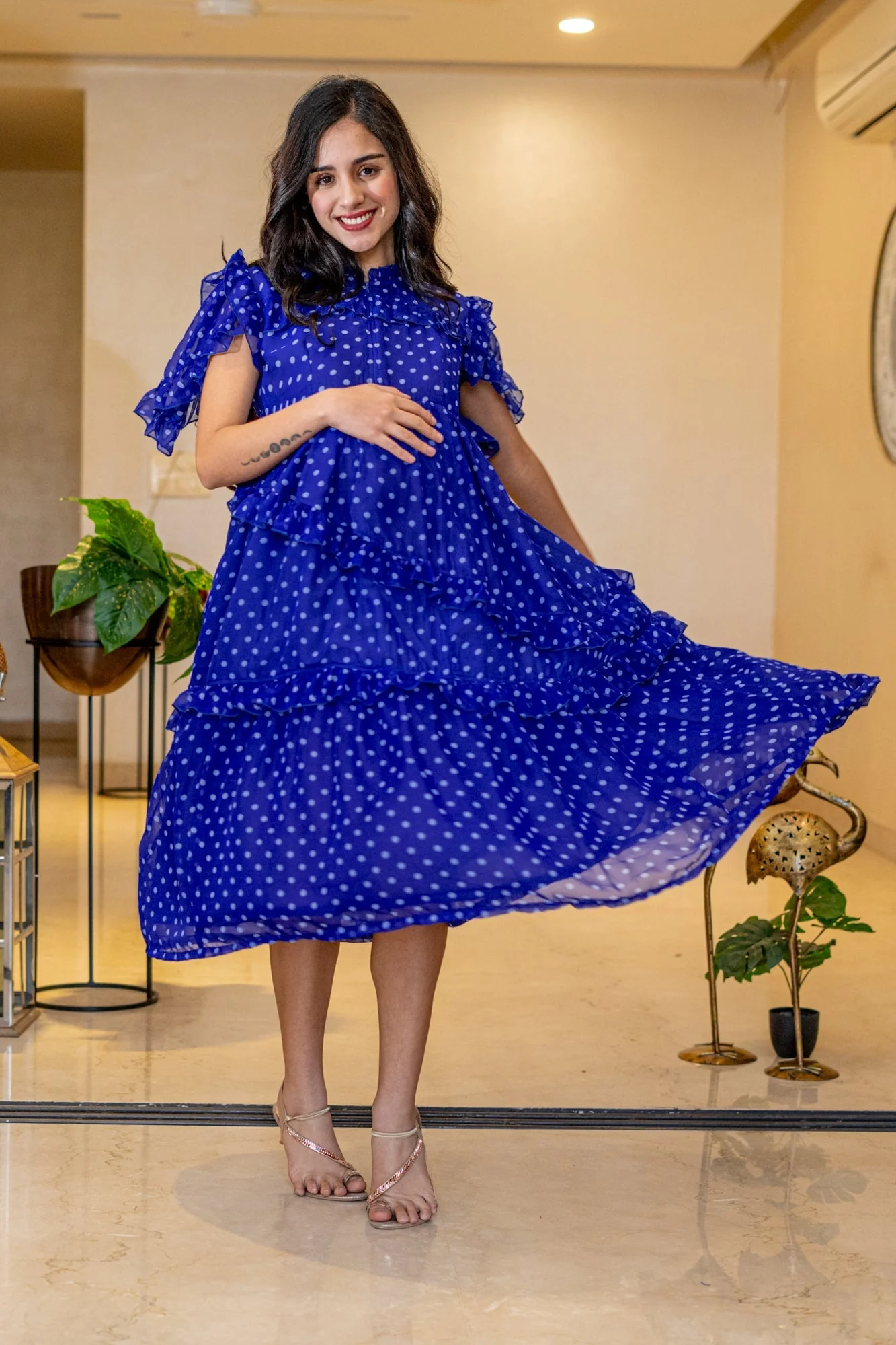 Breezy Cobalt Blue Polka Maternity & Nursing Frill Dress - Chenance