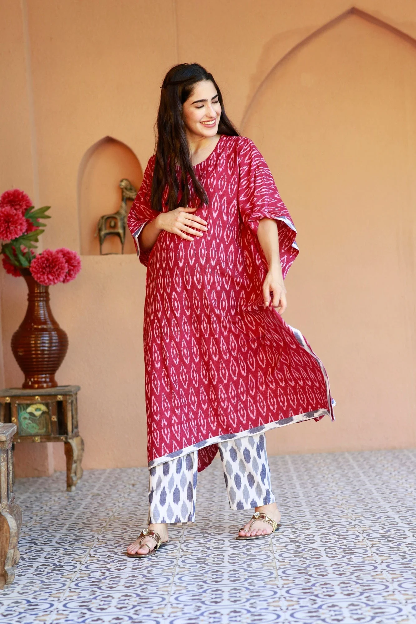 Rouge Ikat Maternity & Nursing Kaftan Set (100% Cotton) - Chenance