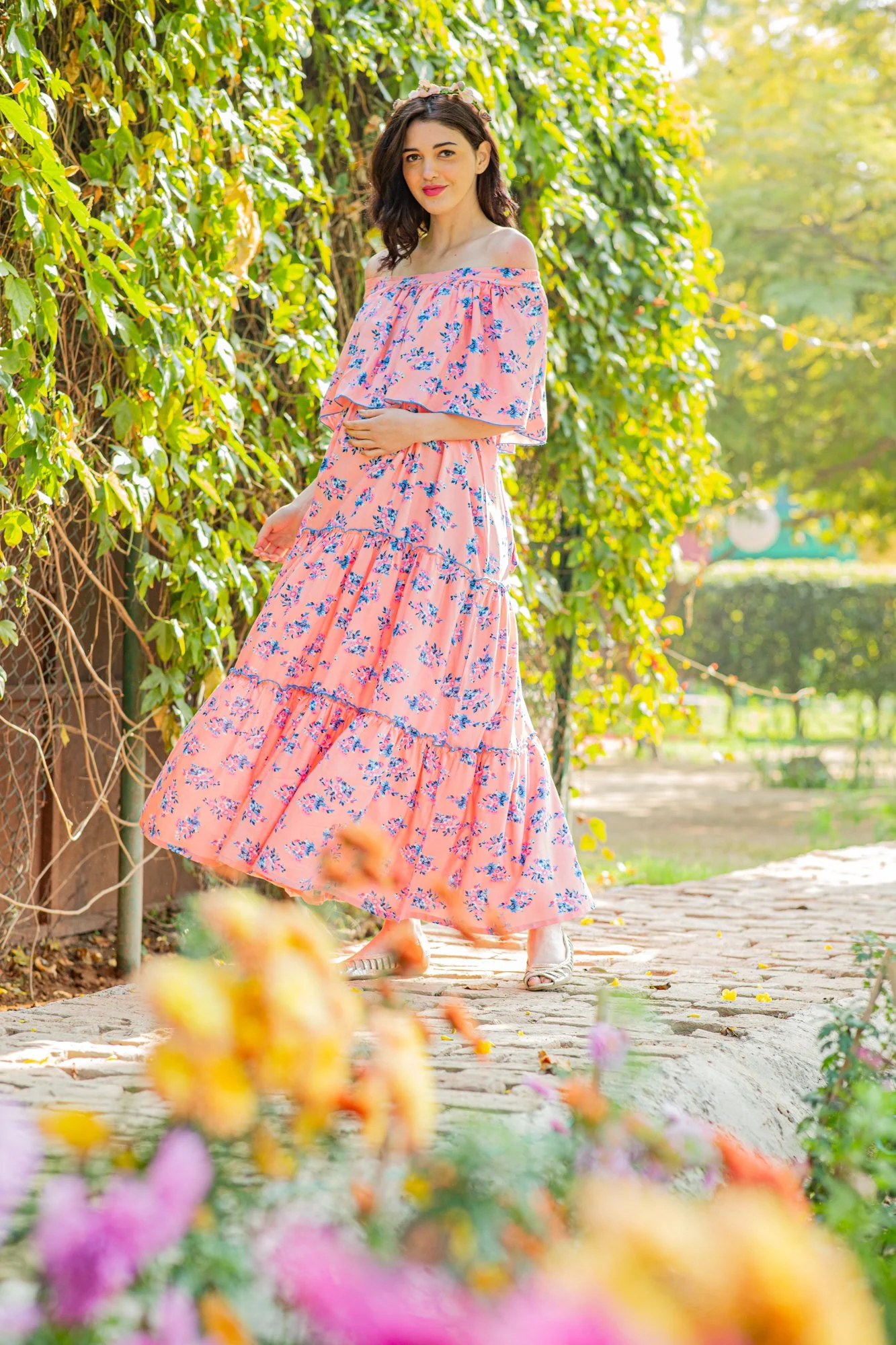 Botanical Pink Off-Shoulder Maternity Maxi Dress - Chenance