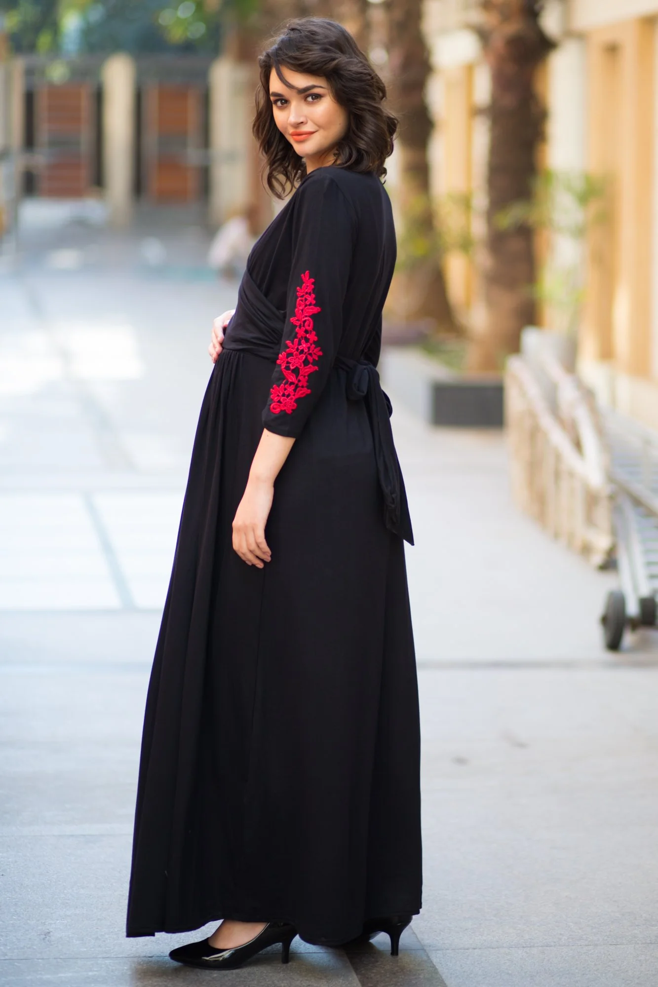 Elegant Black Red Crochet Maternity & Nursing Wrap Dress - Chenance