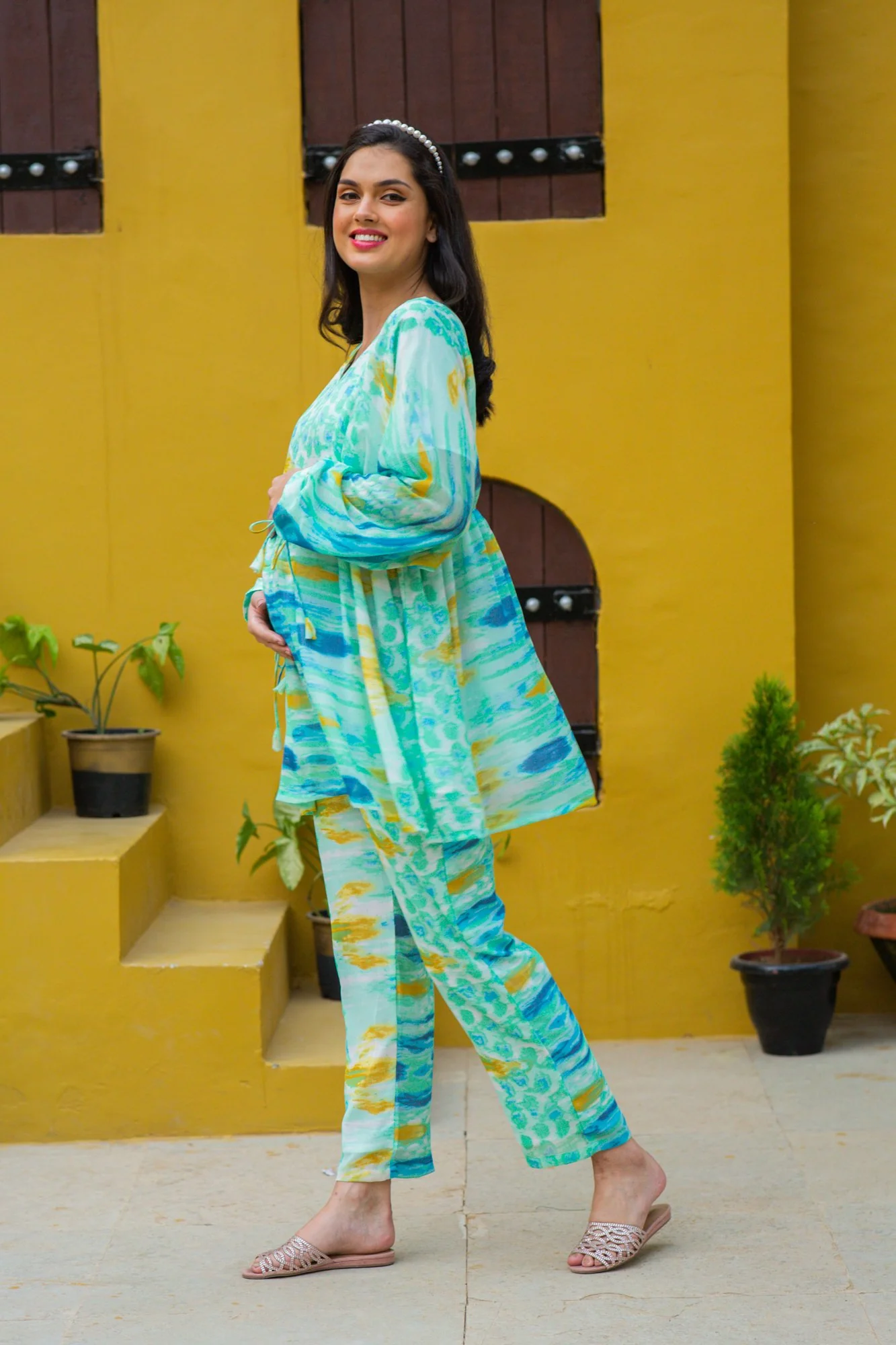 Luxe Aqua Tie & Dye Maternity & Nursing Lounge Coord Set (2 pc) - Chenance