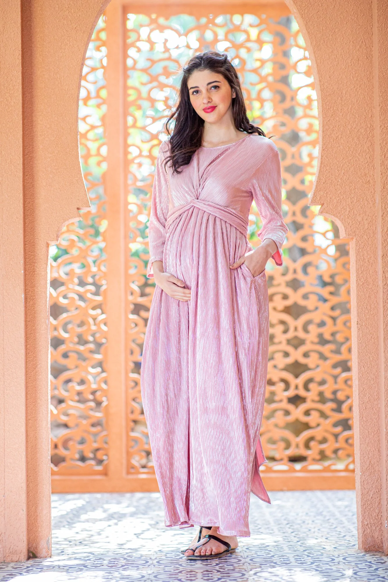 Merlot Shimmer Pleated Maternity Knot Dress - Chenance