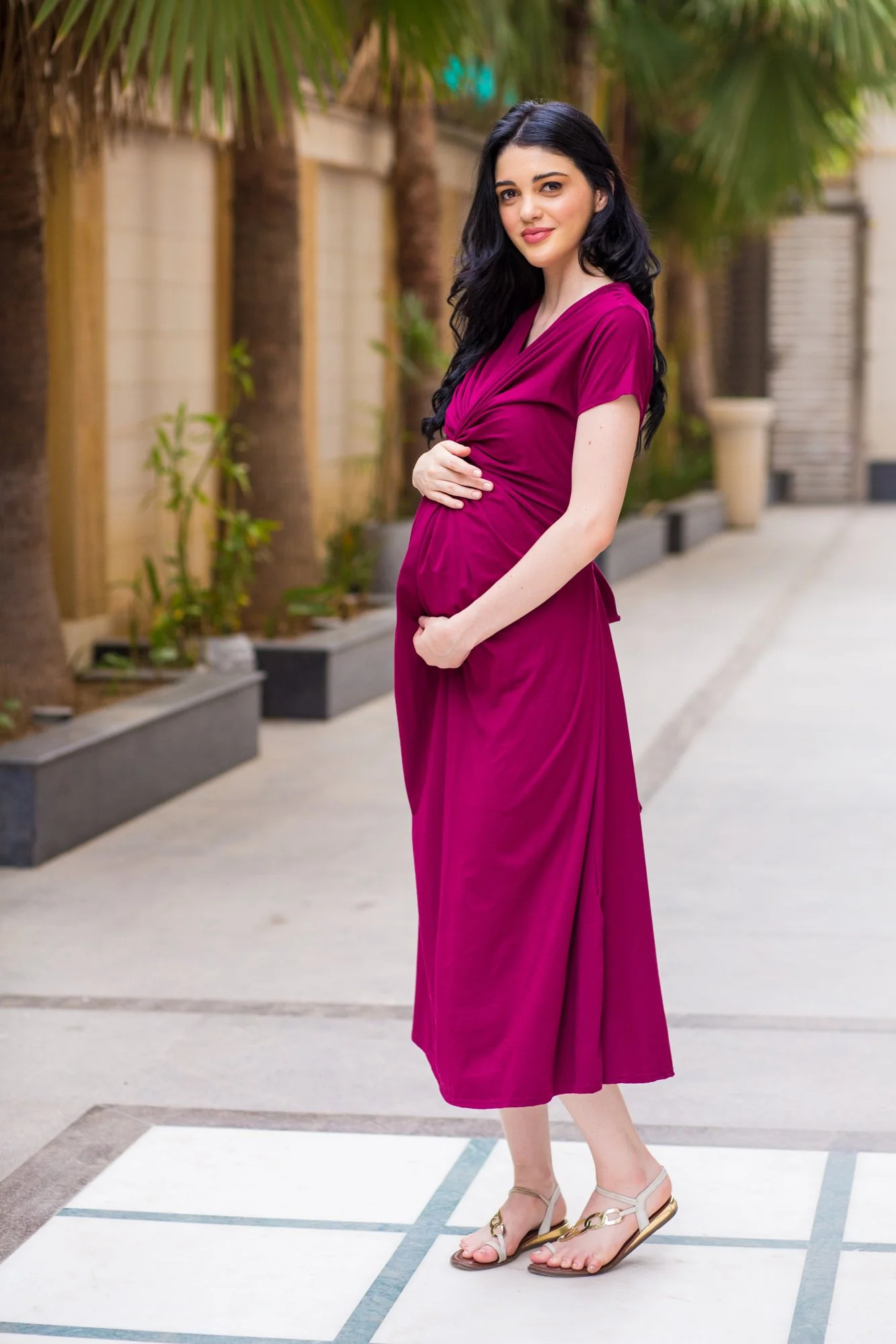 Maroon Berry Front Knot Lycra Maternity Dress - Chenance