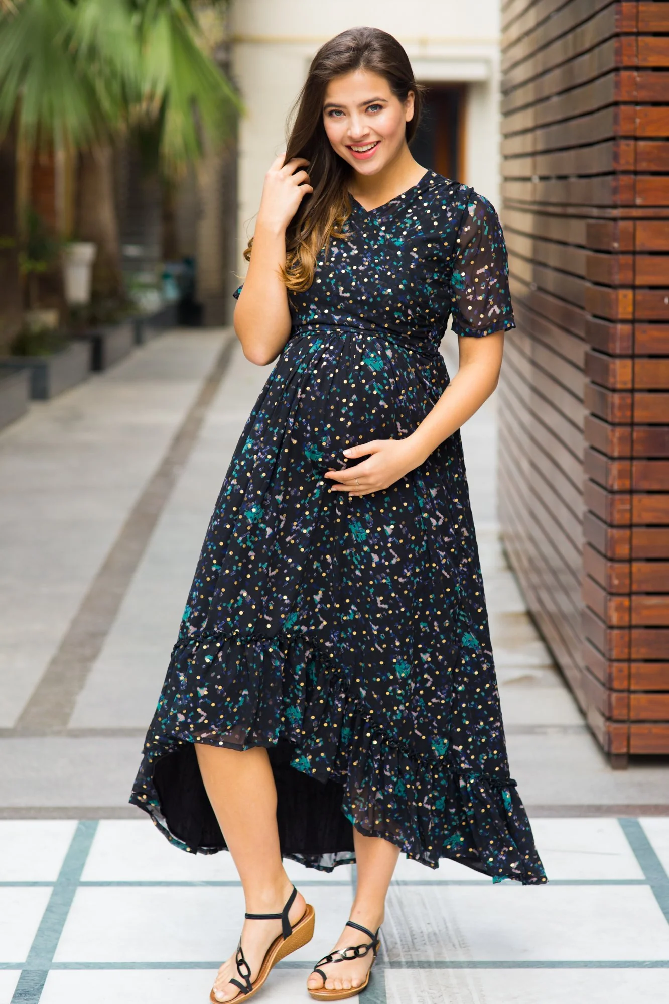 Midnight Gold Embellished Hi-Low Maternity & Nursing Wrap Dress - Chenance