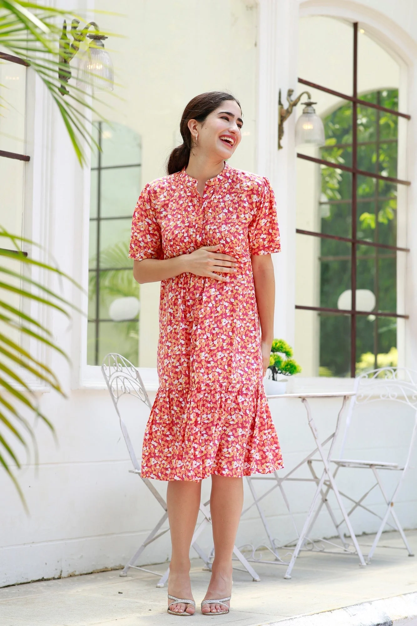 Carrot Punch Floral Maternity & Nursing Frill Shirt Dress - Chenance