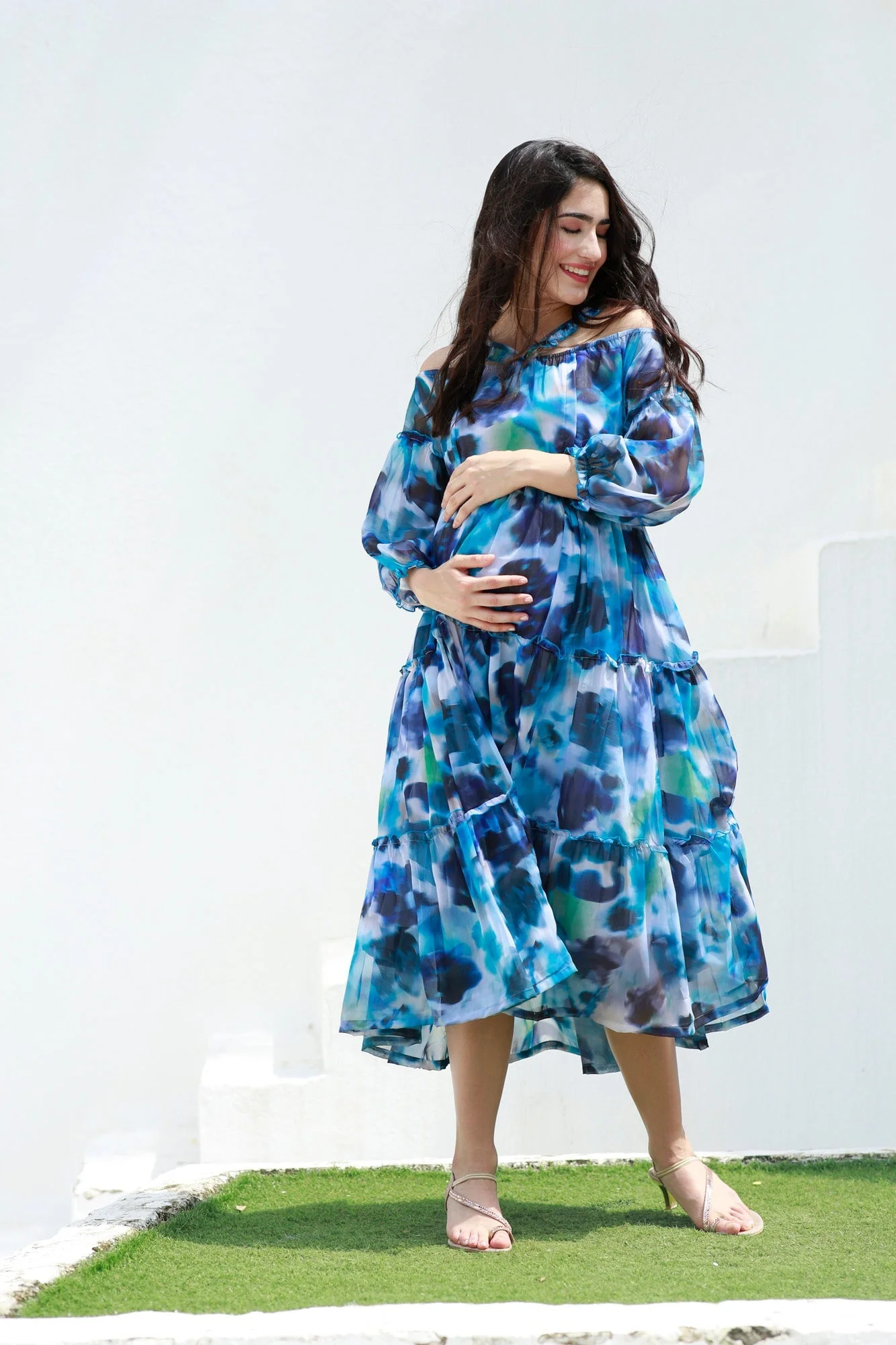 Paradise Blue Waves Halter Maternity & Nursing Frill Dress - Chenance