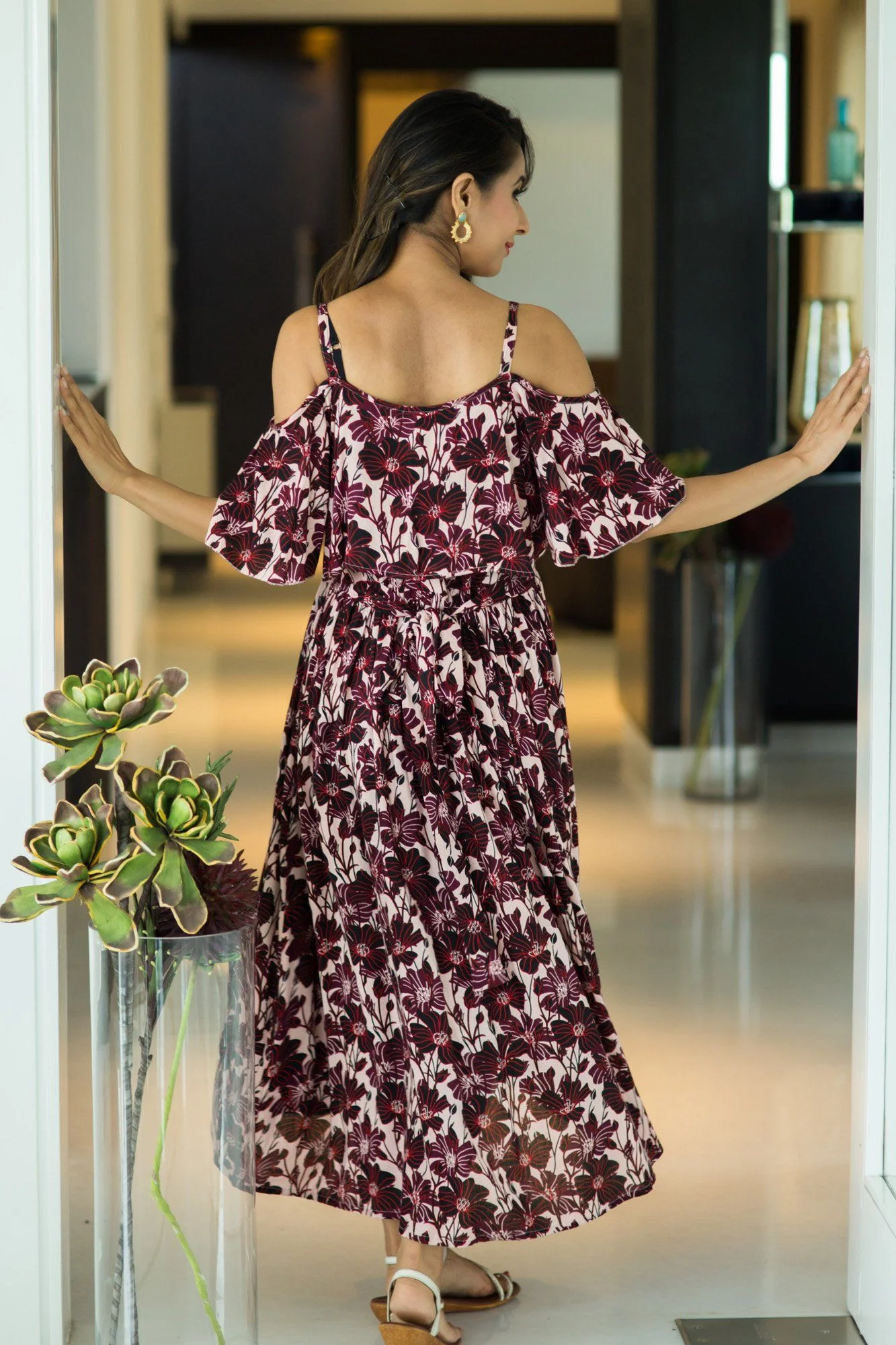 Mulberry Floral Cold Shoulder Maternity & Nursing Maxi Dress - Chenance