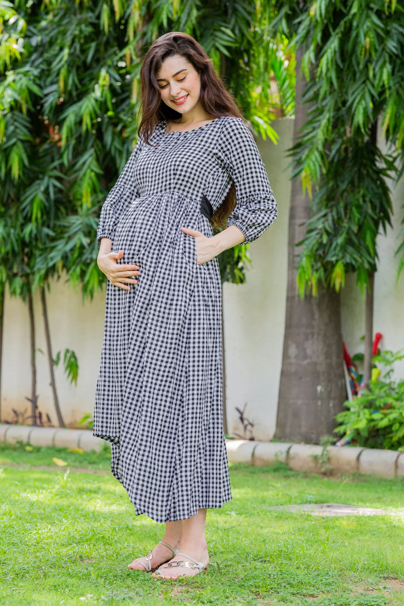 Plaid Dual Bow High-Low Maternity & Nursing Dress - Chenance