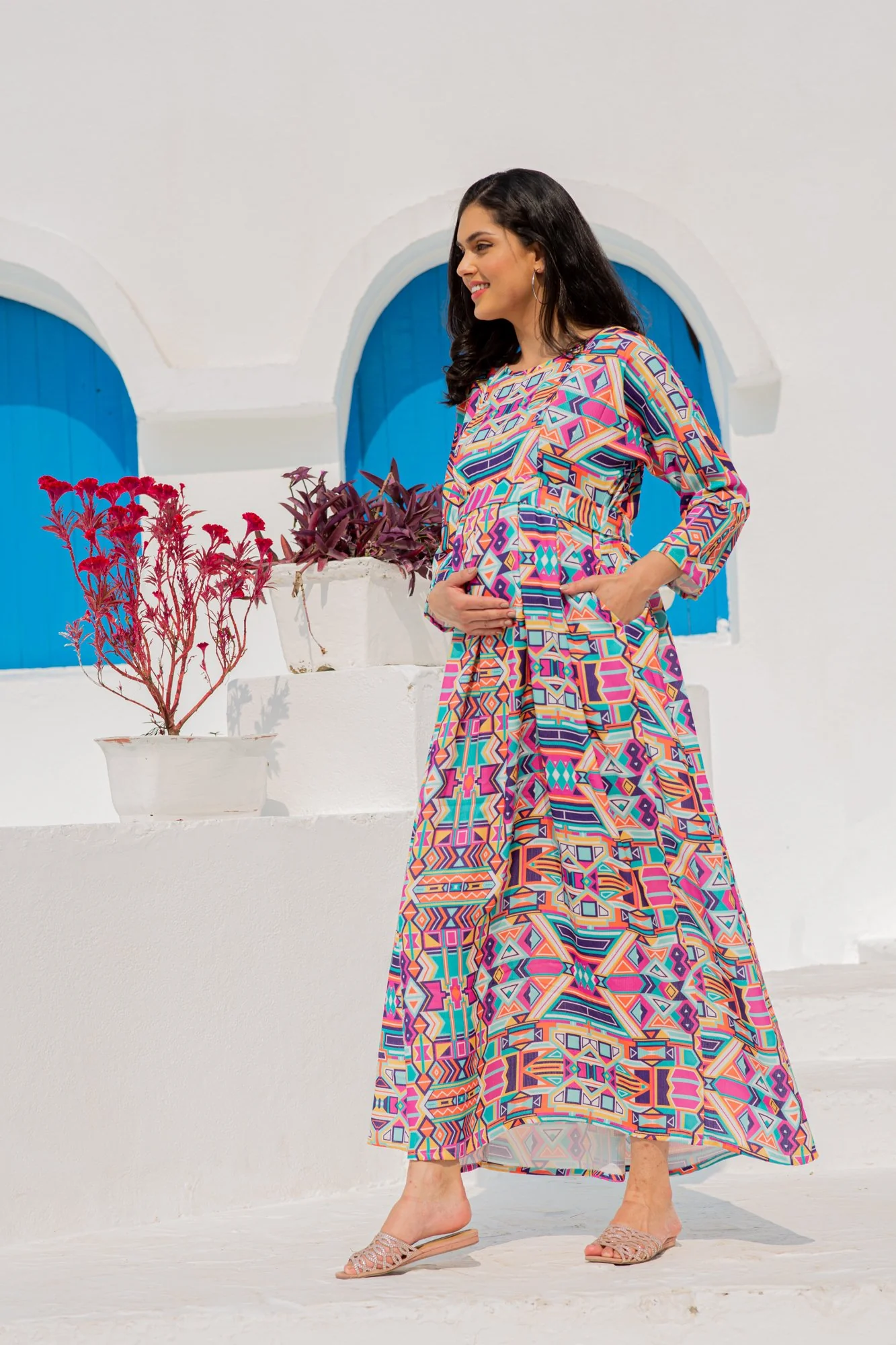 Premium Paradise Vibrant Abstract Concealed Zip Maternity & Nursing Dress - Chenance