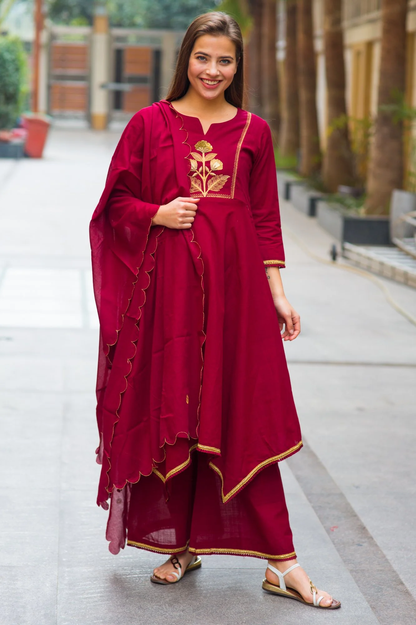 Premium Maroon Assym Gold Zari Maternity & Nursing Suit Set (3 pc) - Chenance