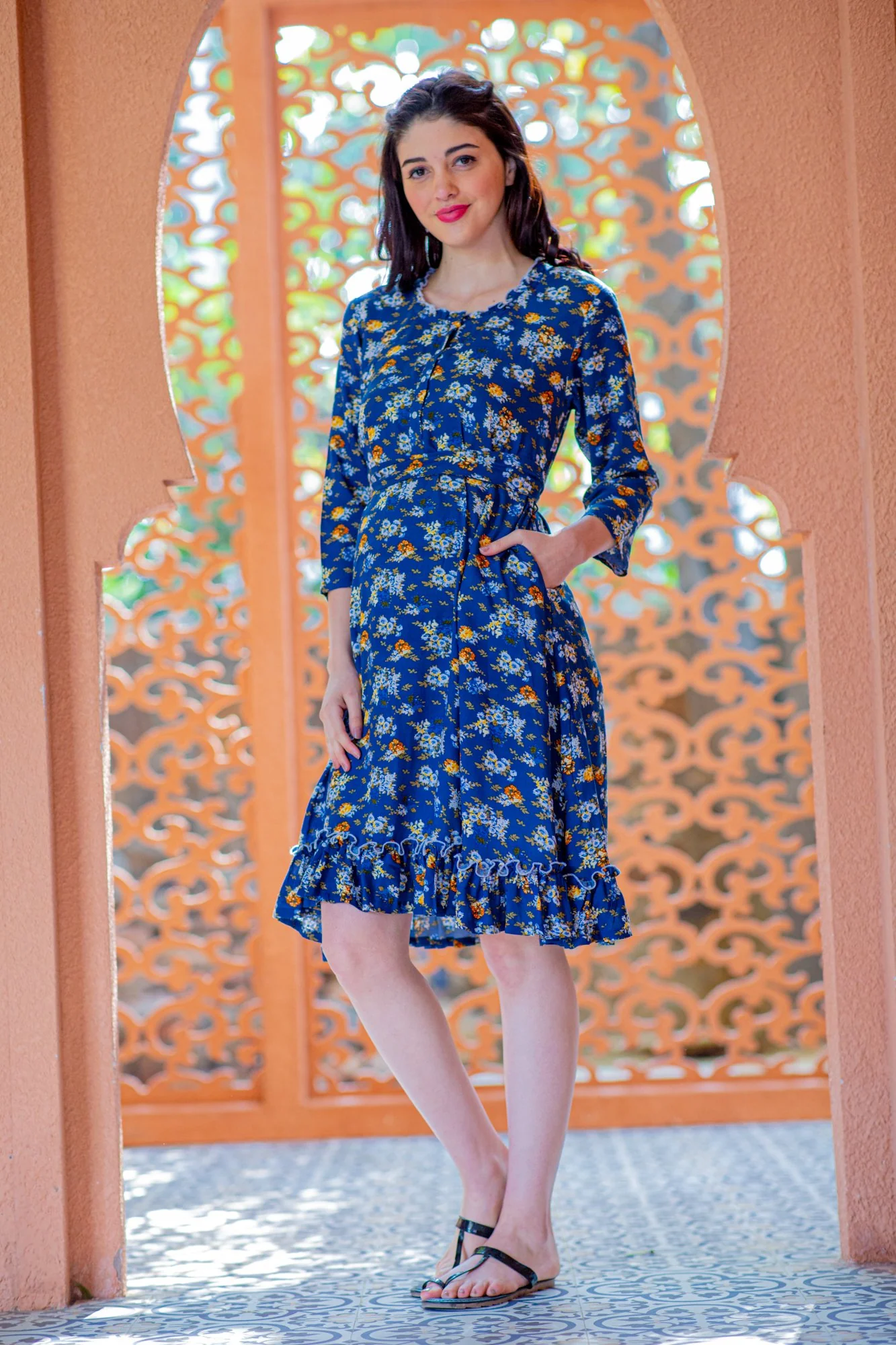 Navy Garden Maternity & Nursing Night Dress - Chenance