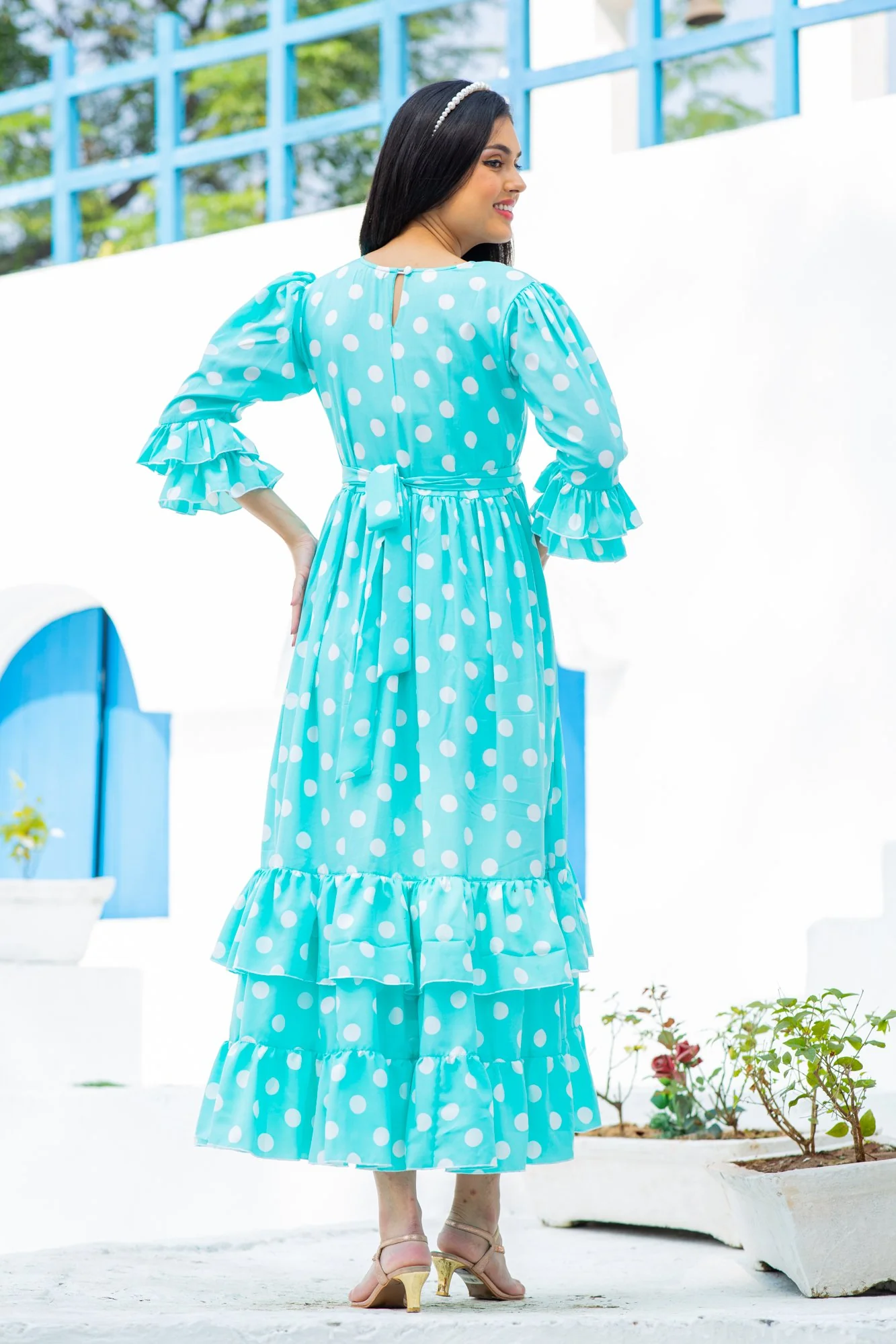 Classic Turquoise Polka Maternity & Nursing Frill Dress - Chenance