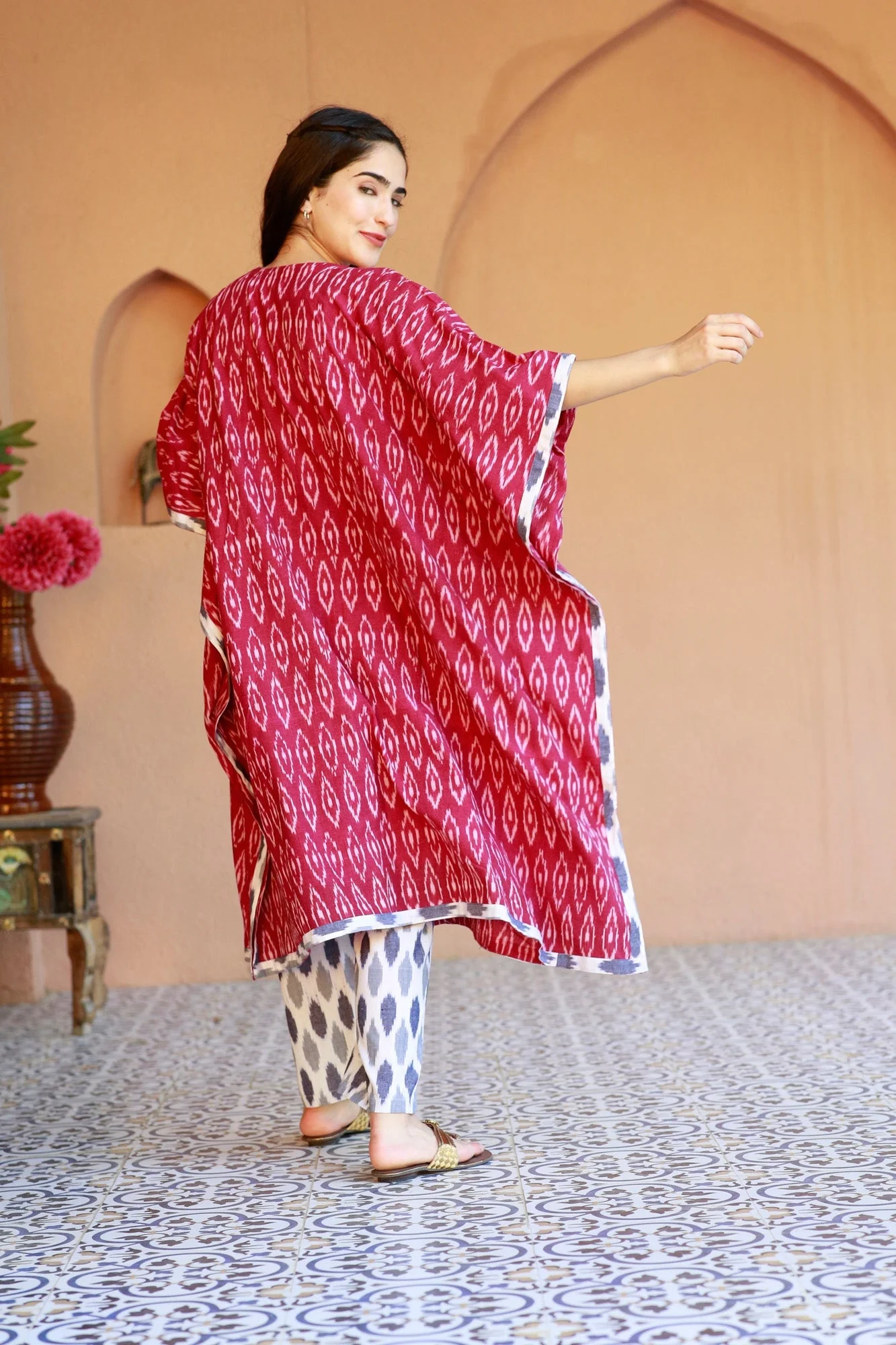 Rouge Ikat Maternity & Nursing Kaftan Set (100% Cotton) - Chenance