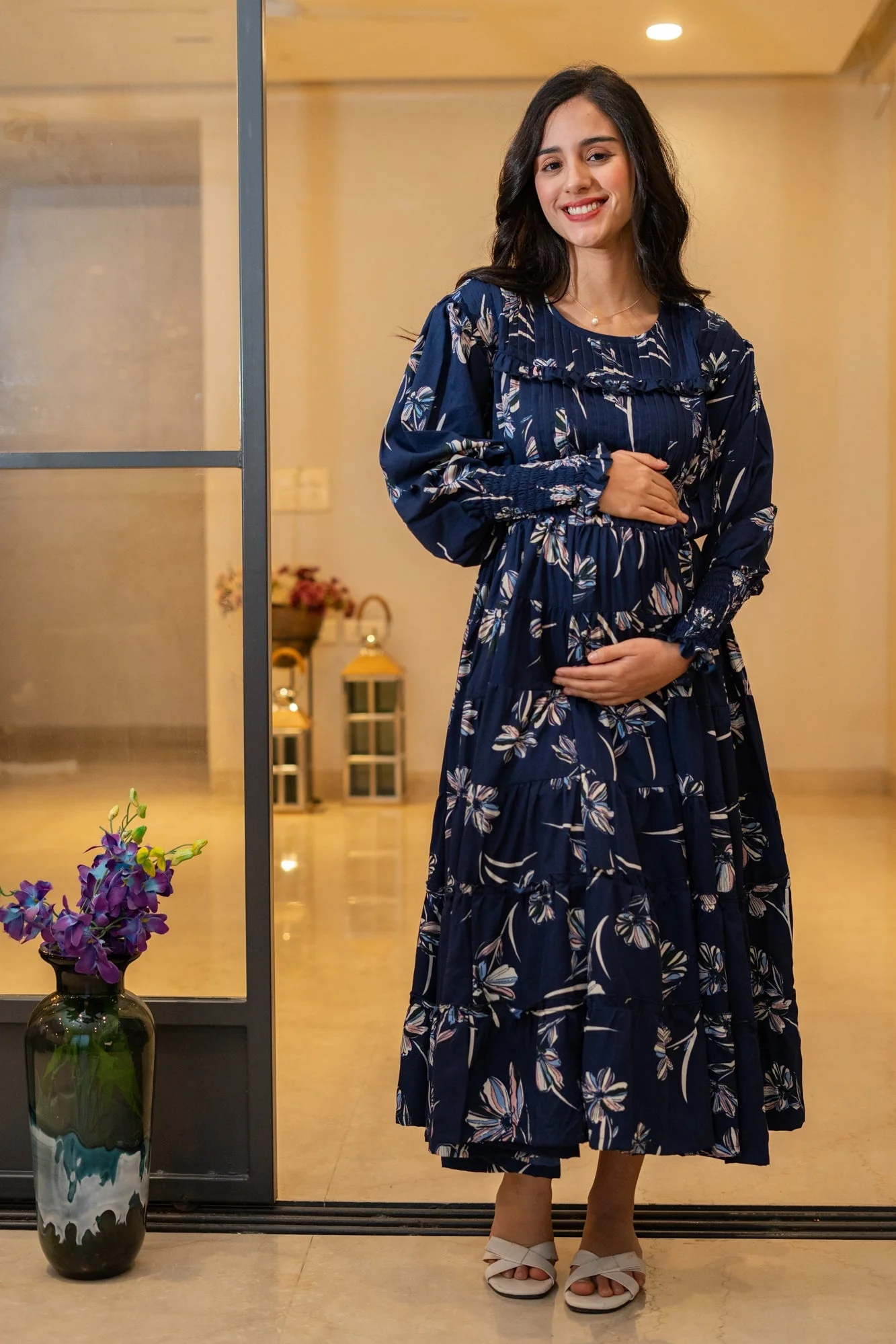 Midnight Blue Retro Crepe Blossom Formal Maternity & Nursing Pintucks Frill Dress - Chenance
