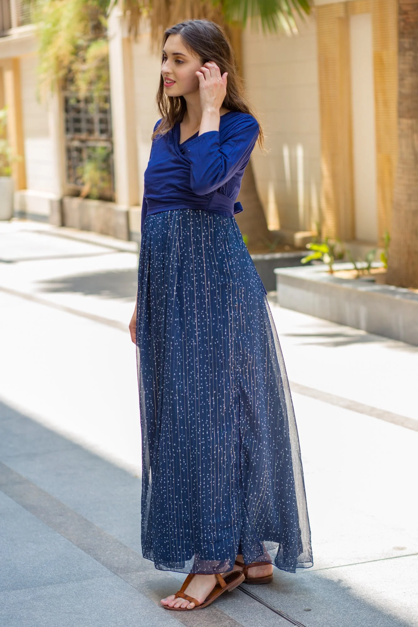 Luxe Blue Chiffon Navy Maternity & Nursing Wrap Dress - Chenance