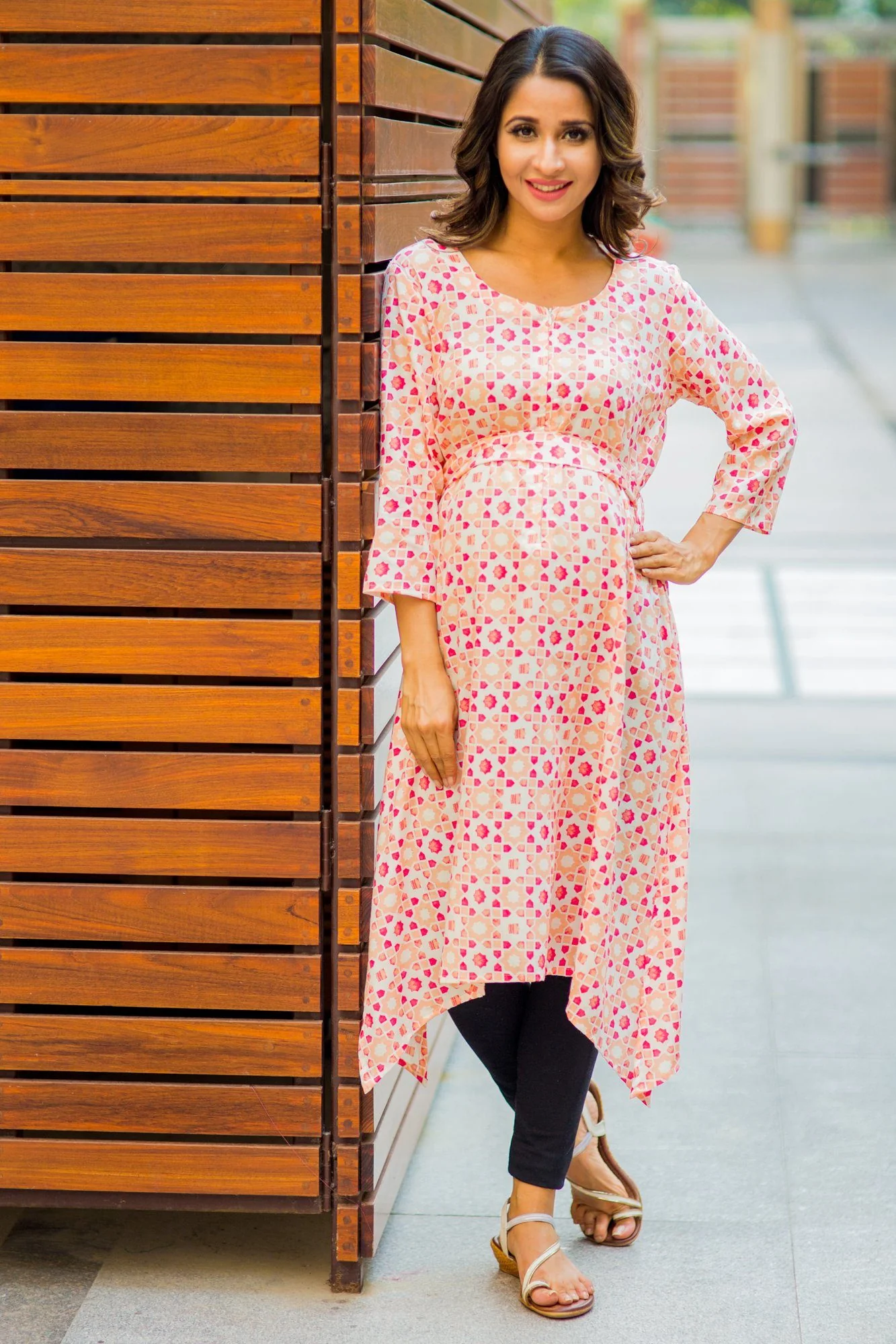 Peach & Cream Printed Maternity & Nursing Kurta - Chenance
