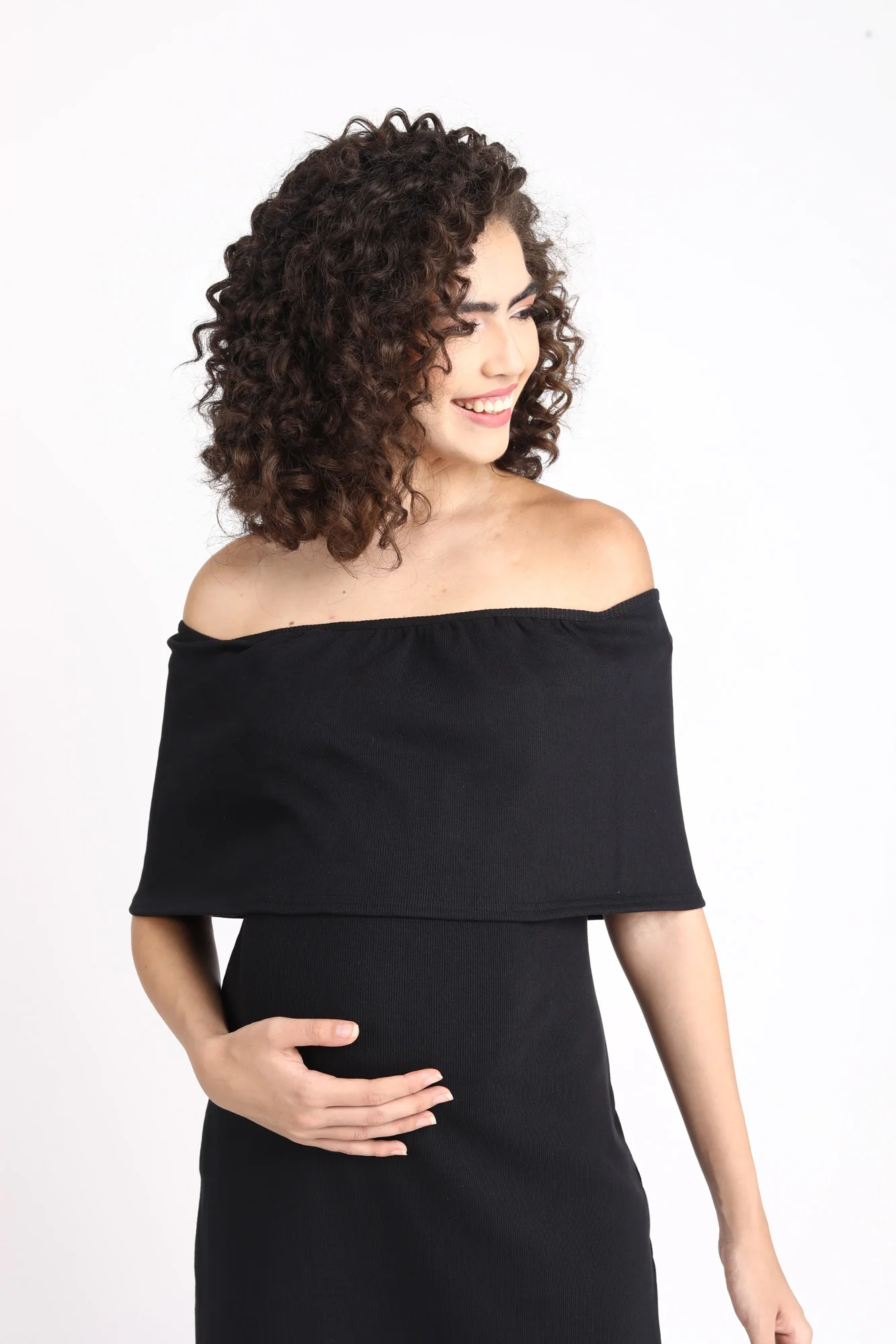 Glamorous Ribbed Black Maternity Bodycon Off-Shoulder Dress - Chenance