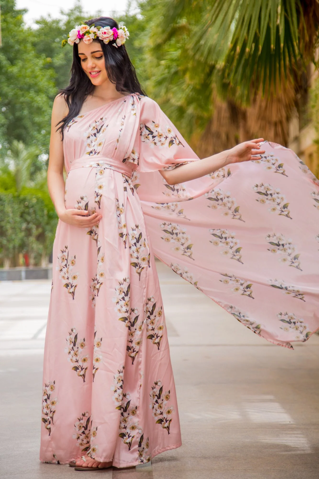 Luxe Carnation Pink One Shoulder Floral Maternity Gown - Chenance
