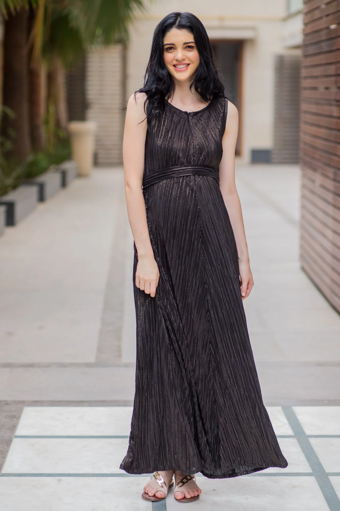Exclusive Black Gold Pleated Maternity & Nursing Dress - Chenance